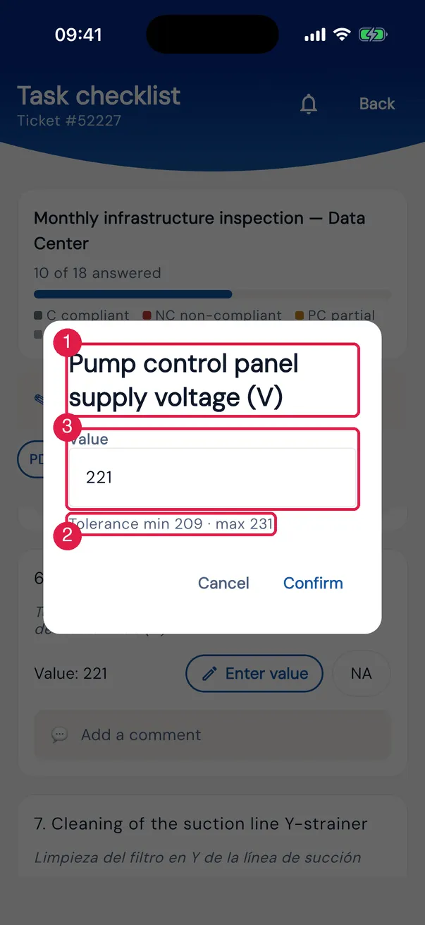 The Numeric in the app: Pump control panel supply voltage (V), with the Value field and the range from 209 to 231 V.