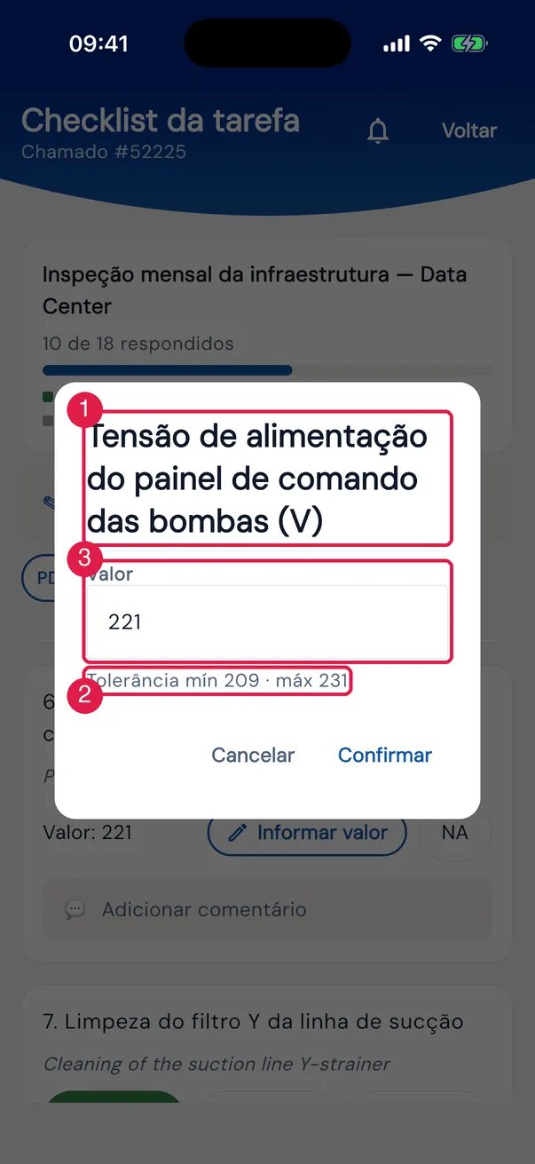 O Numérico no app: Tensão de alimentação do painel de comando das bombas (V), com o campo Valor e a faixa de 209 a 231 V.