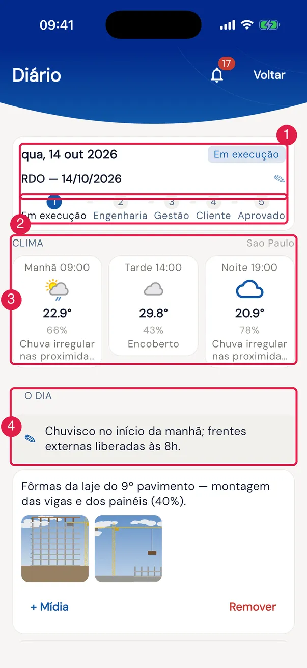 O topo do diário de hoje no app.