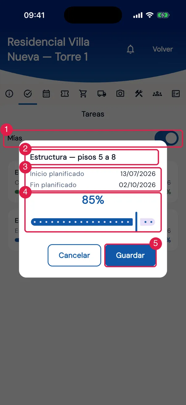Pestaña Tareas con el interruptor Mías y el diálogo de avance de Estructura — pisos 5 a 8 abierto.