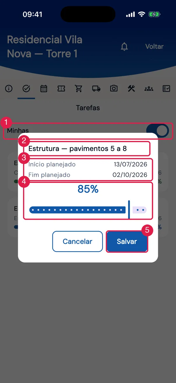Aba Tarefas com a chave Minhas e o diálogo de avanço de Estrutura — pavimentos 5 a 8 aberto.