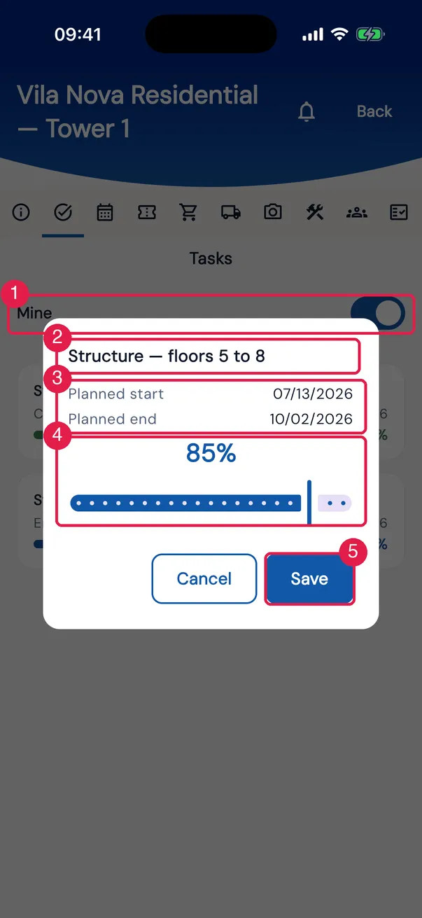 Tasks tab with the Mine switch and the progress dialog of Structure — floors 5 to 8 open.