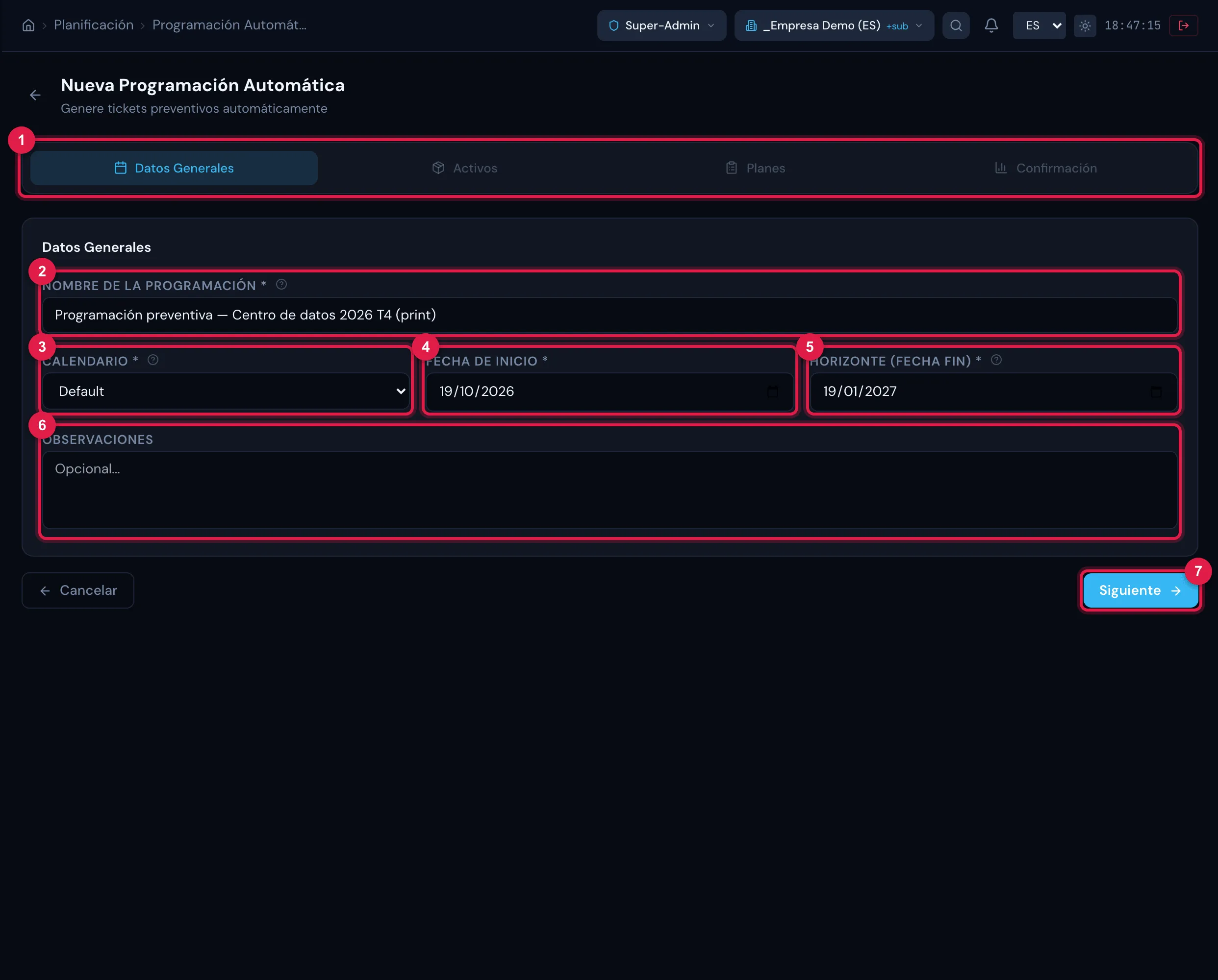 Nueva Programación Automática, paso Datos Generales: nombre, calendario, fecha de inicio, horizonte y observaciones.