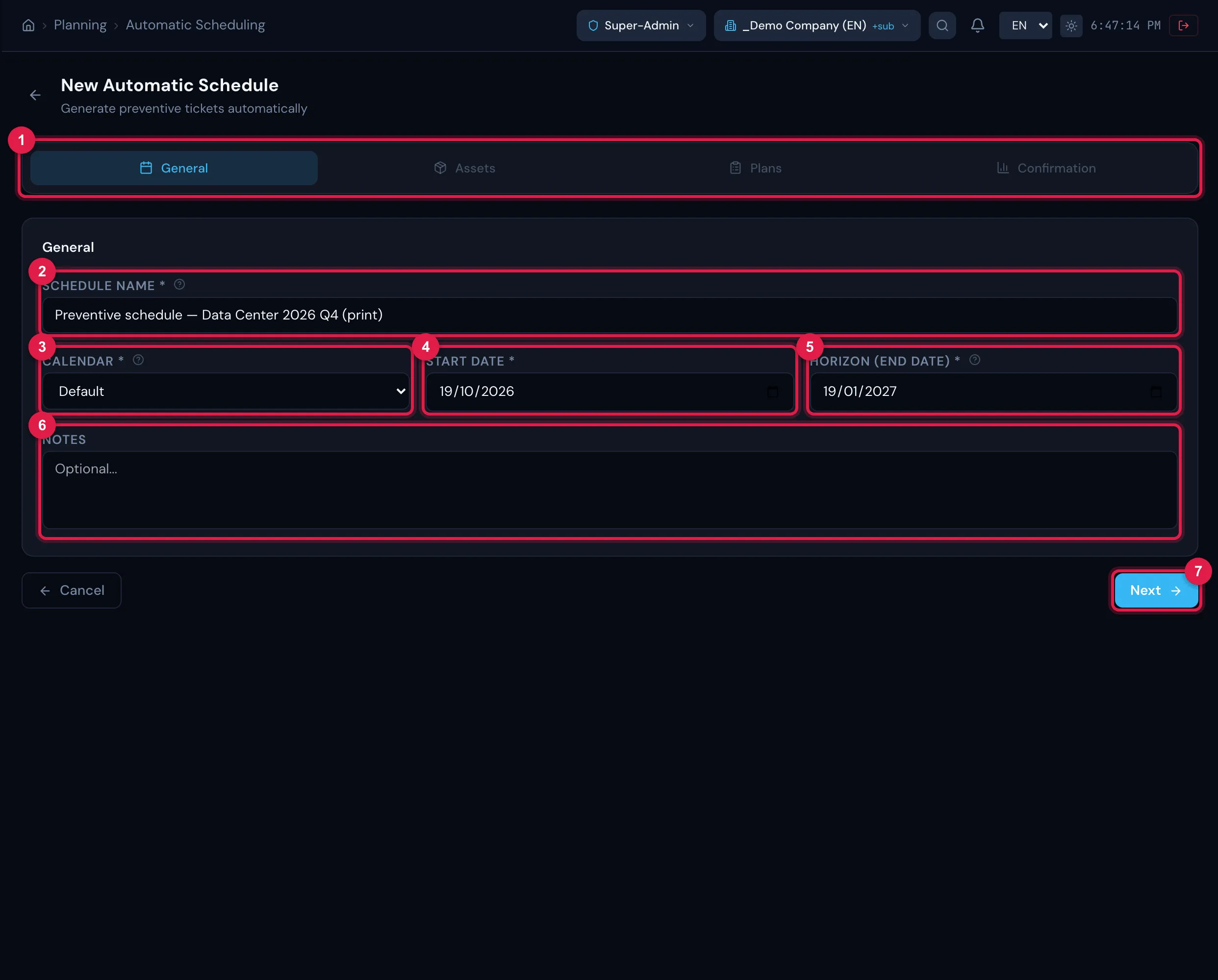 New Automatic Schedule, step General: name, calendar, start date, horizon and notes.
