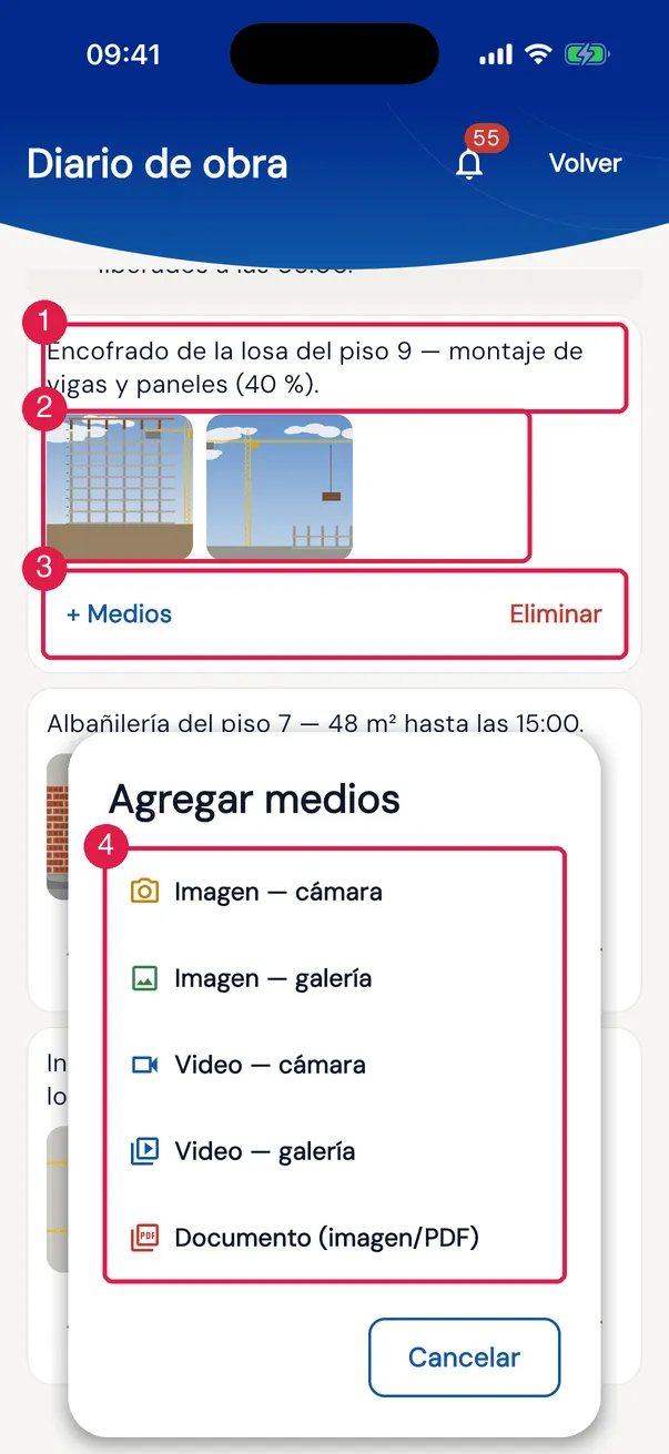 Una actividad con fotos y Agregar medios abierto por + Medios.