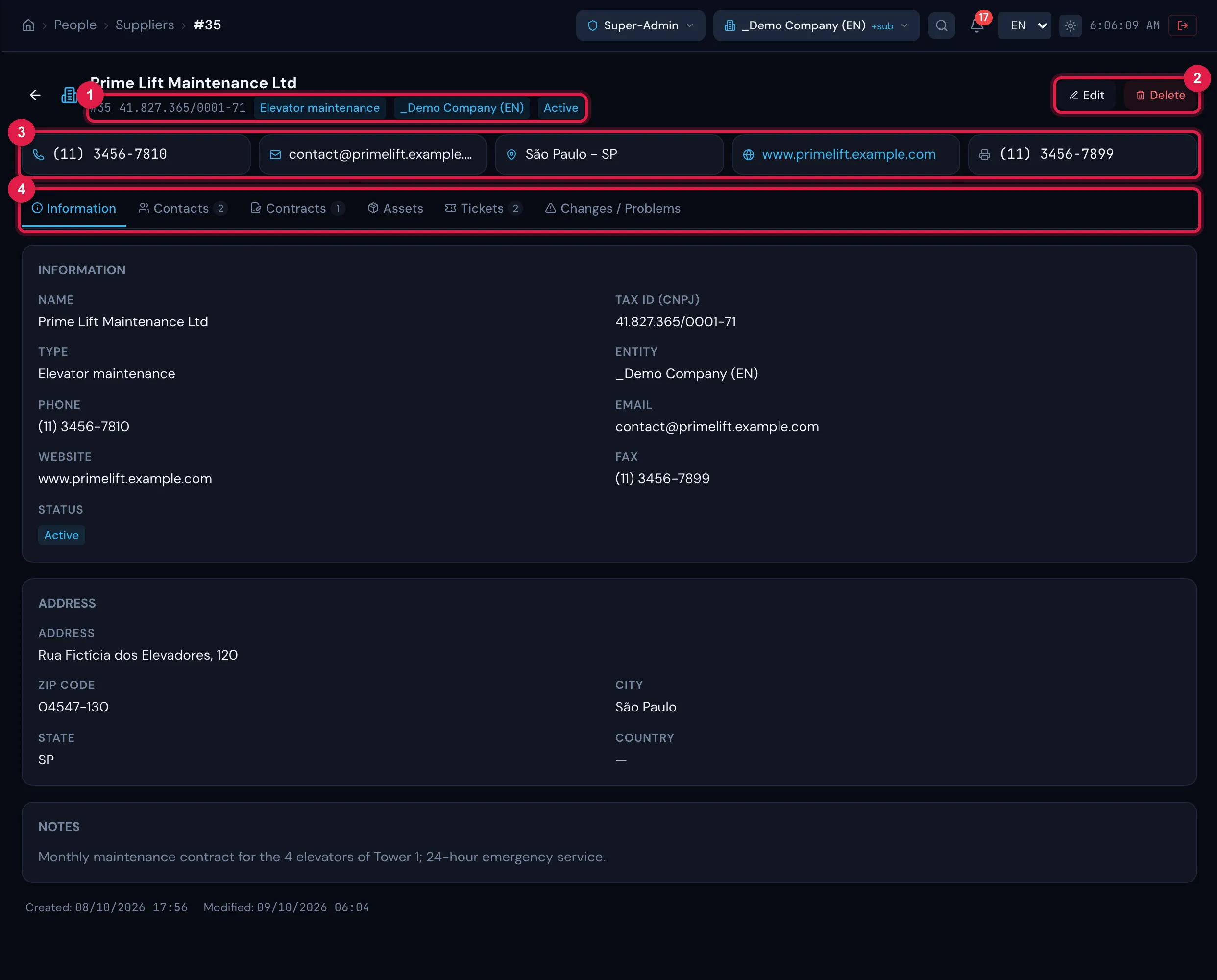 A supplier record, Information tab: the registration data, the address, the notes and the creation and modification dates.