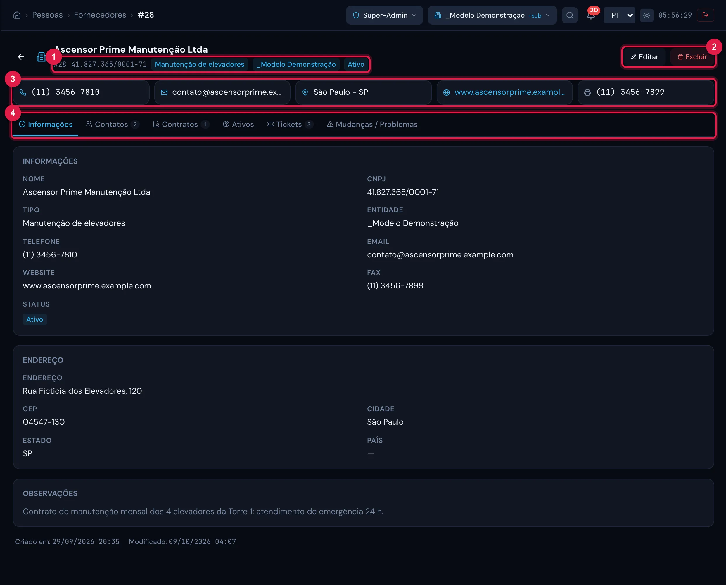 A ficha de um fornecedor, aba Informações: os dados do cadastro, o endereço, as observações e as datas de criação e modificação.