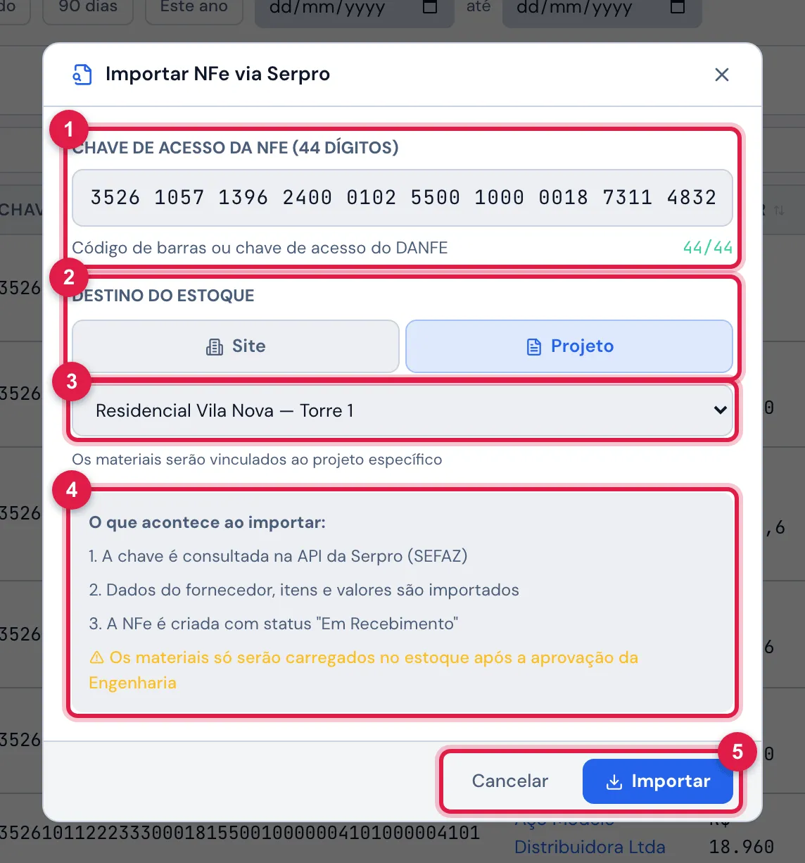 Importar NFe via Serpro com a chave digitada e o projeto Residencial Vila Nova — Torre 1 como destino.