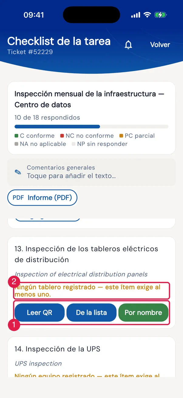 El ítem Inspección de los tableros eléctricos de distribución en la app, todavía sin tablero: Leer QR, De la lista y Por nombre agregan el tablero. Cada tablero se convierte en una fila con nombre, nivel y pendientes (completa, se contrae), la CRITICIDAD — Crítico, Regular, Mínimo, Ninguna — y la Foto del tablero, obligatoria cuando la criticidad no es Ninguna.