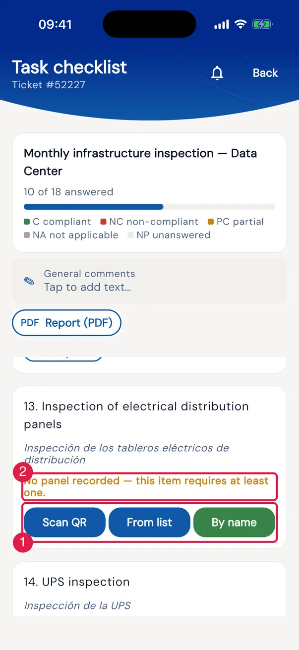 The item Inspection of electrical distribution panels in the app, with no panel yet: Scan QR, From list and By name add the panel. Each panel becomes a row with name, level and pending items (once complete, it collapses), the CRITICALITY — Critical, Regular, Minimal, None — and the panel photo, required when the criticality is not None.