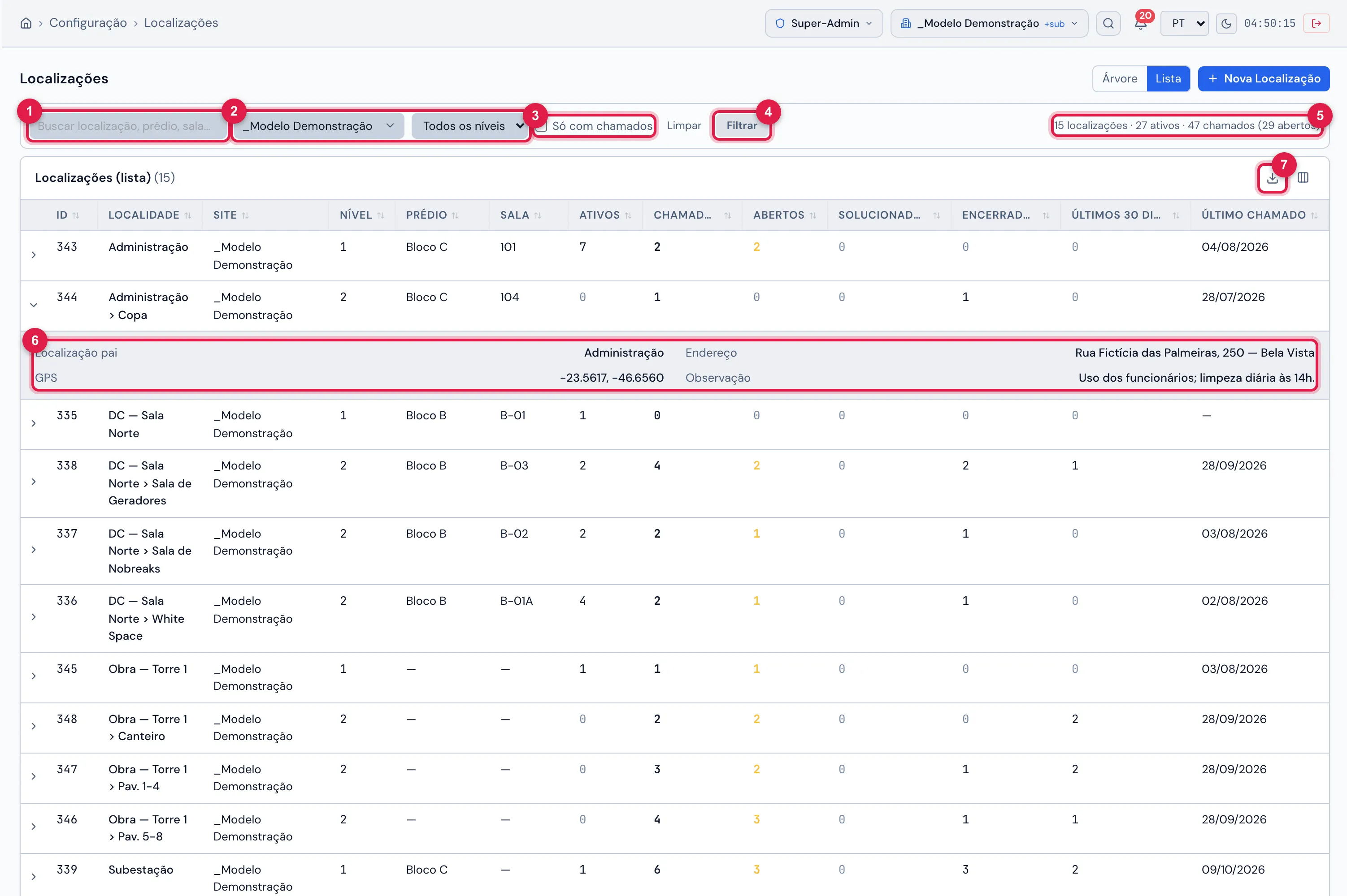 Configuração › Localizações no modo Lista: os filtros (aqui, o site da empresa escolhido e aplicado), os totais à direita, a tabela com Localidade, Site, Nível, Prédio, Sala, Ativos, Chamados, Abertos, Solucionados, Encerrados, Últimos 30 dias e Último chamado, e uma linha aberta com os detalhes.