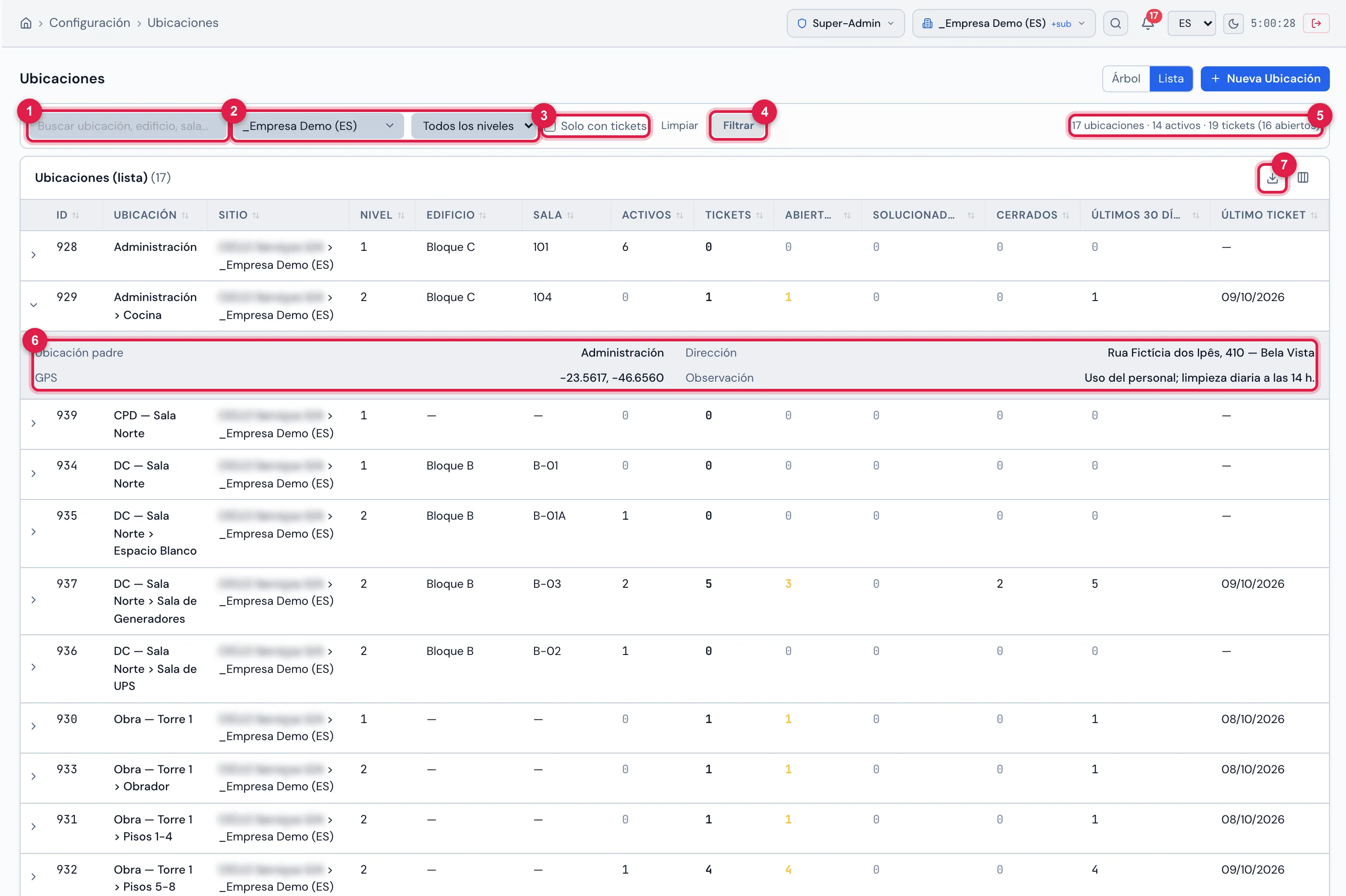 Configuración › Ubicaciones en el modo Lista: los filtros (aquí, el sitio de la empresa elegido y aplicado), los totales a la derecha, la tabla con Ubicación, Sitio, Nivel, Edificio, Sala, Activos, Tickets, Abiertos, Solucionados, Cerrados, Últimos 30 días y Último ticket, y una fila abierta con los detalles.