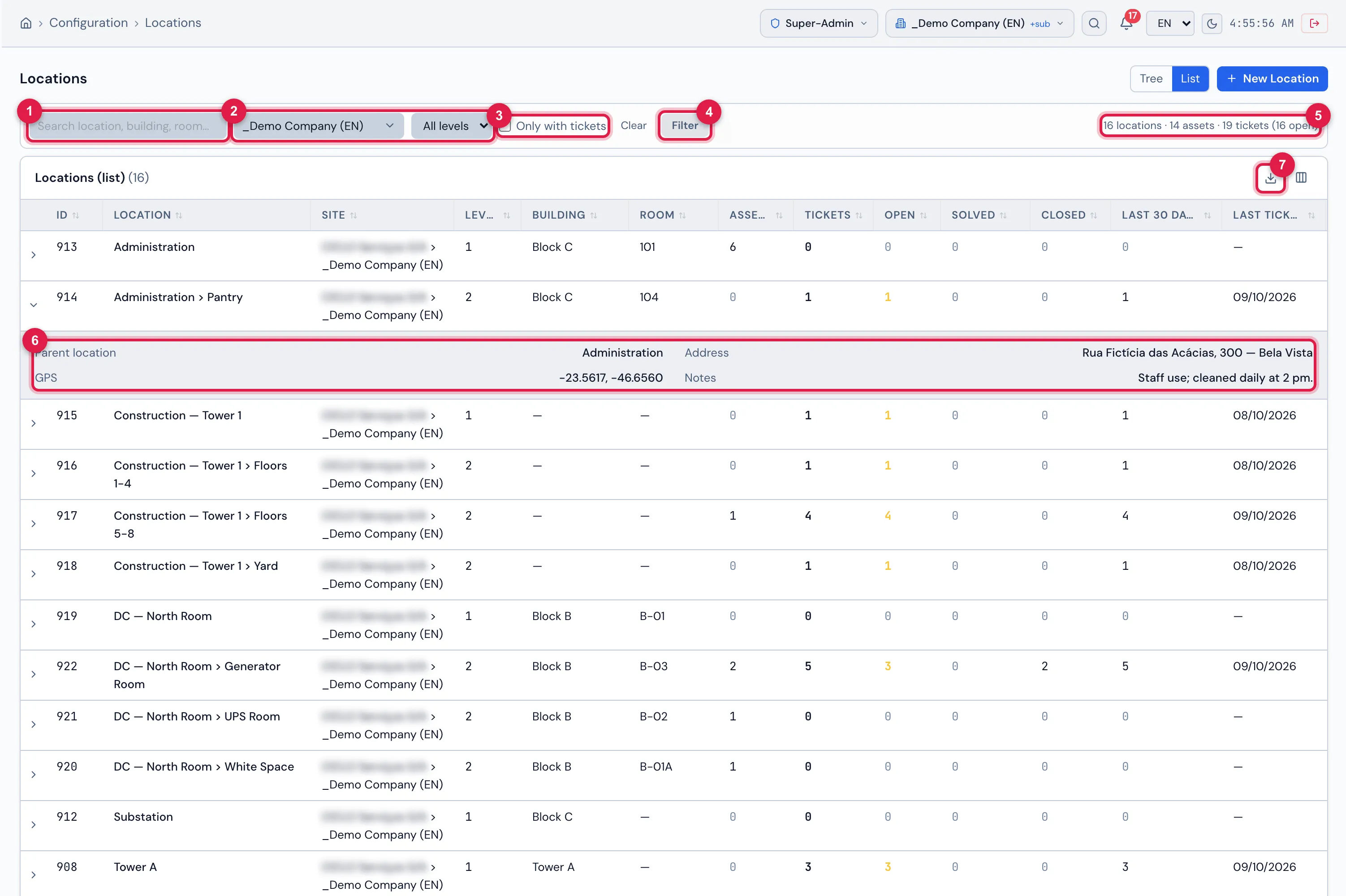 Configuration › Locations in List mode: the filters (here, the company site chosen and applied), the totals on the right, the table with Location, Site, Level, Building, Room, Assets, Tickets, Open, Solved, Closed, Last 30 days and Last ticket, and an open row with the details.