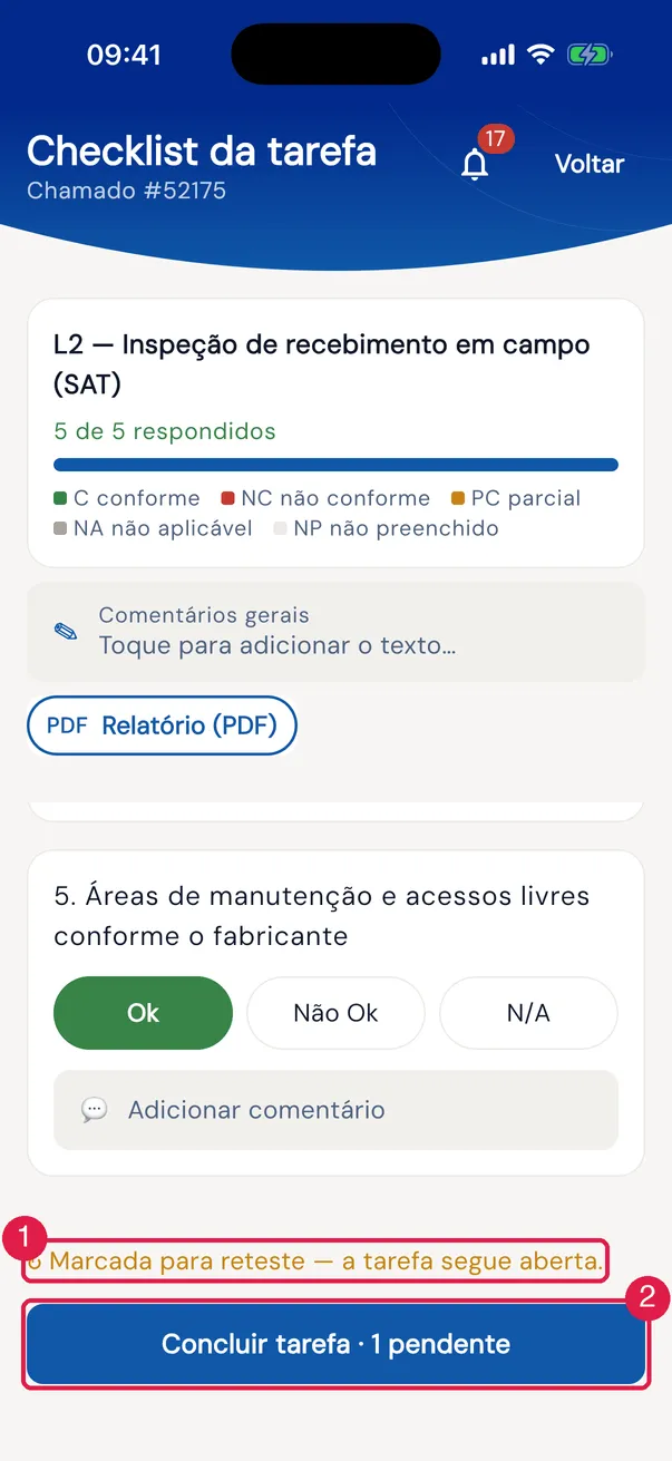 A tarefa depois de Pedir reteste: continua aberta, com o aviso ↻ Marcada para reteste — a tarefa segue aberta. acima do botão de concluir.