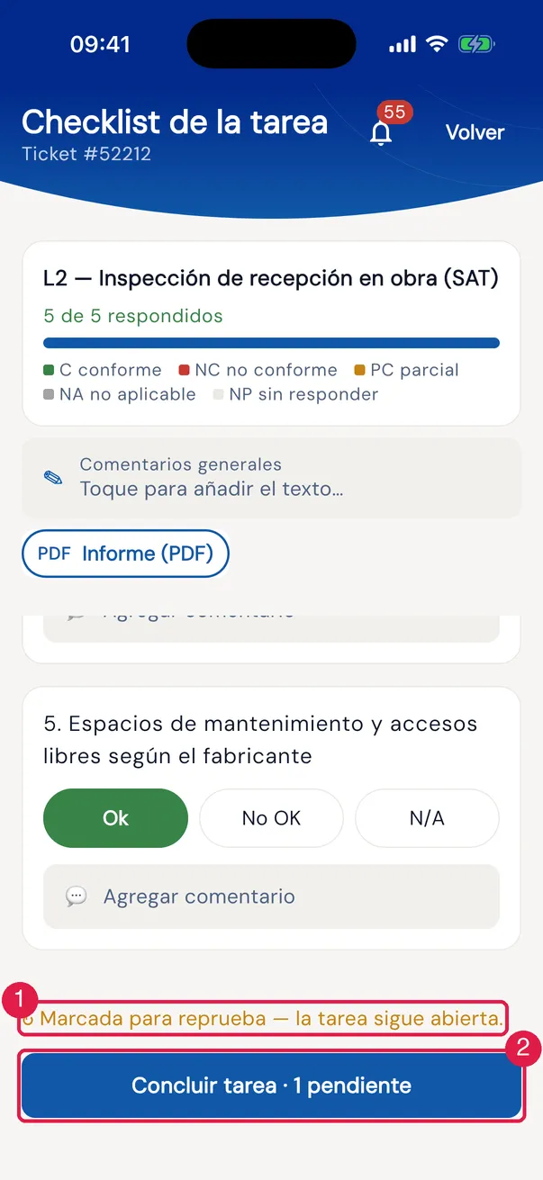 La tarea después de Pedir reprueba: sigue abierta, con el aviso ↻ Marcada para reprueba — la tarea sigue abierta. encima del botón de concluir.