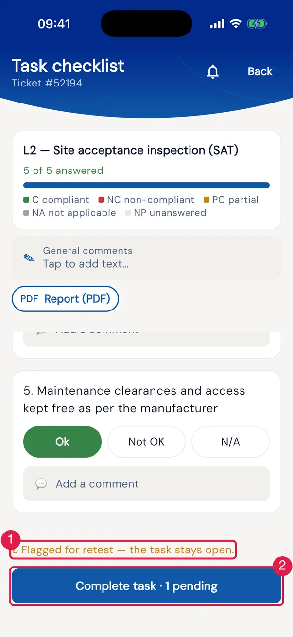 The task after Request retest: it stays open, with the ↻ Flagged for retest — the task stays open. notice above the complete button.