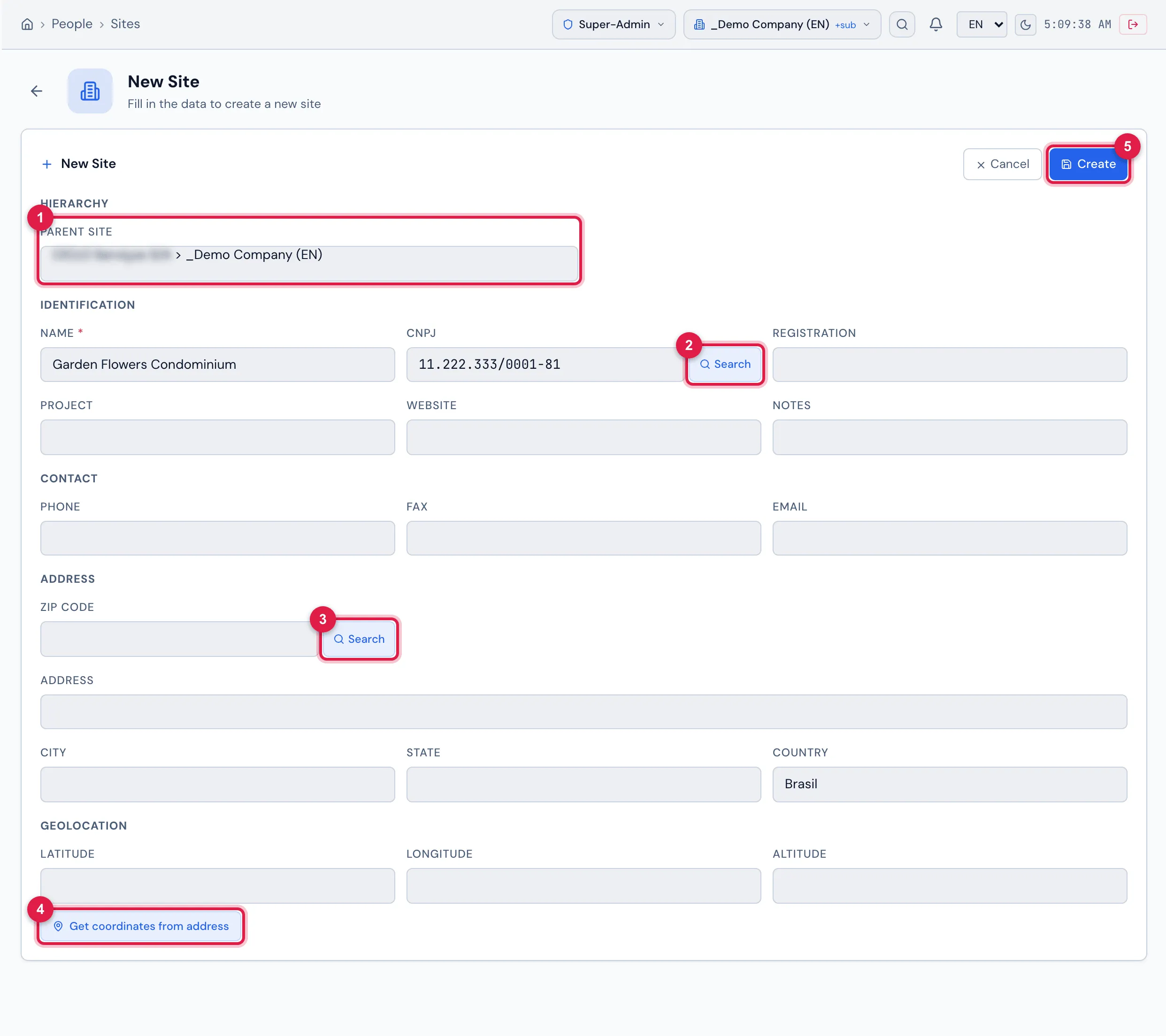 New Site page — "Fill in the data to create a new site" —, with the Hierarchy, Identification, Contact, Address and Geolocation sections and the Cancel and Create buttons.