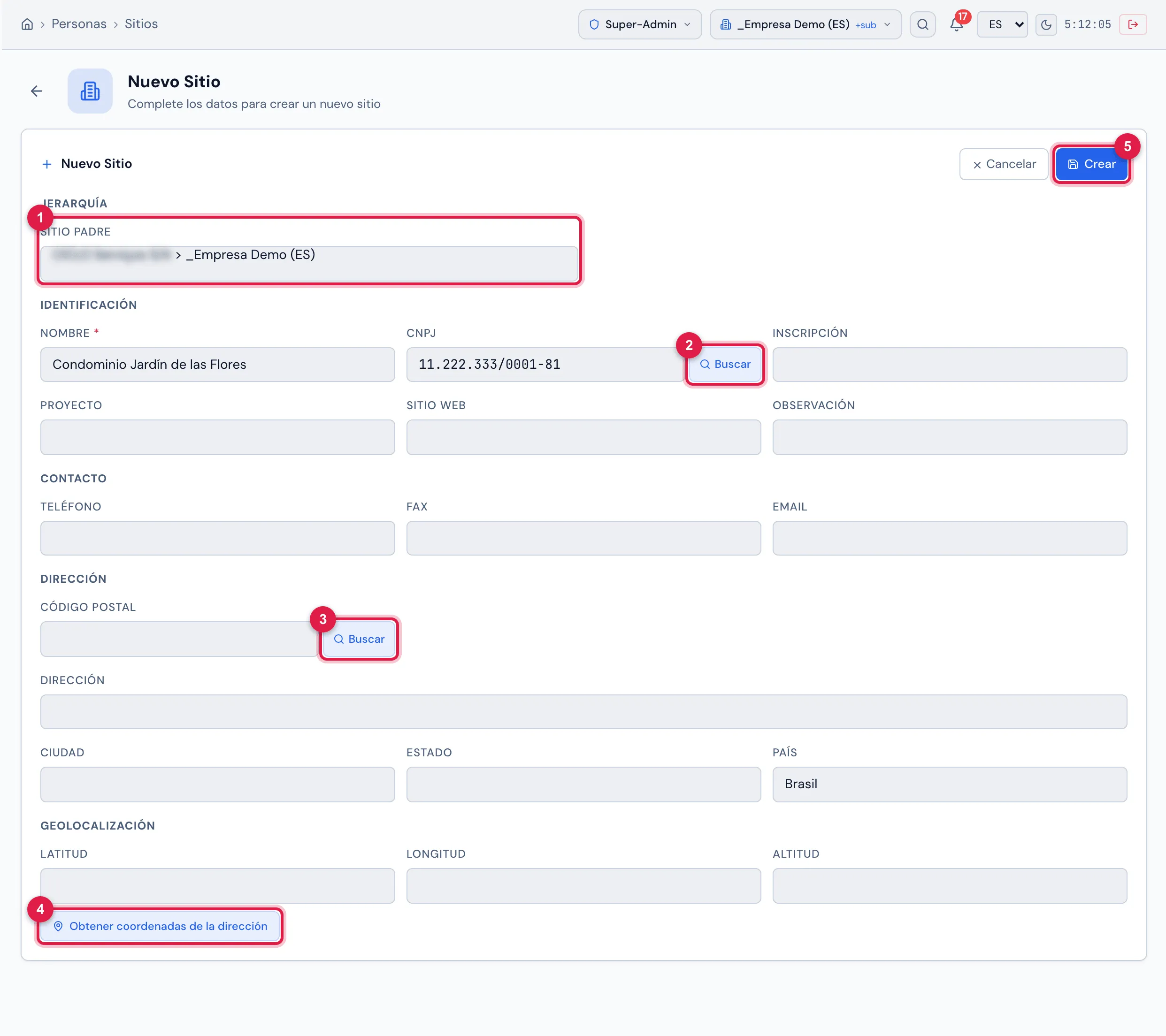 Página Nuevo Sitio — "Complete los datos para crear un nuevo sitio" —, con las secciones Jerarquía, Identificación, Contacto, Dirección y Geolocalización y los botones Cancelar y Crear.