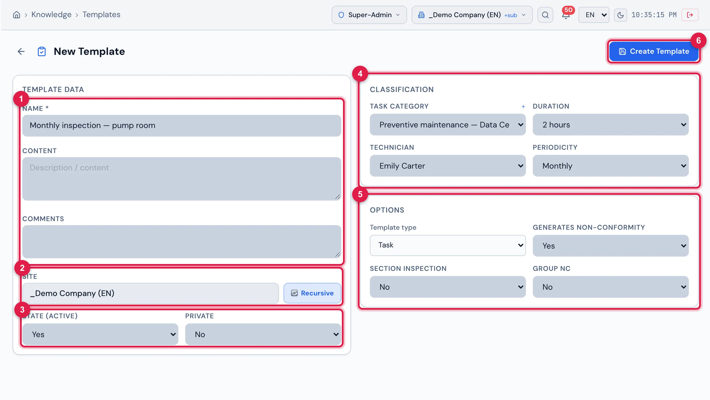 New Template filled in for a monthly inspection: the name, the header site with Recursive on (the default), the category Preventive maintenance — Data Center, 2 hours, the technician Emily Carter, the periodicity Monthly and, in Options, the type Task with Generates Non-Conformity = Yes.
