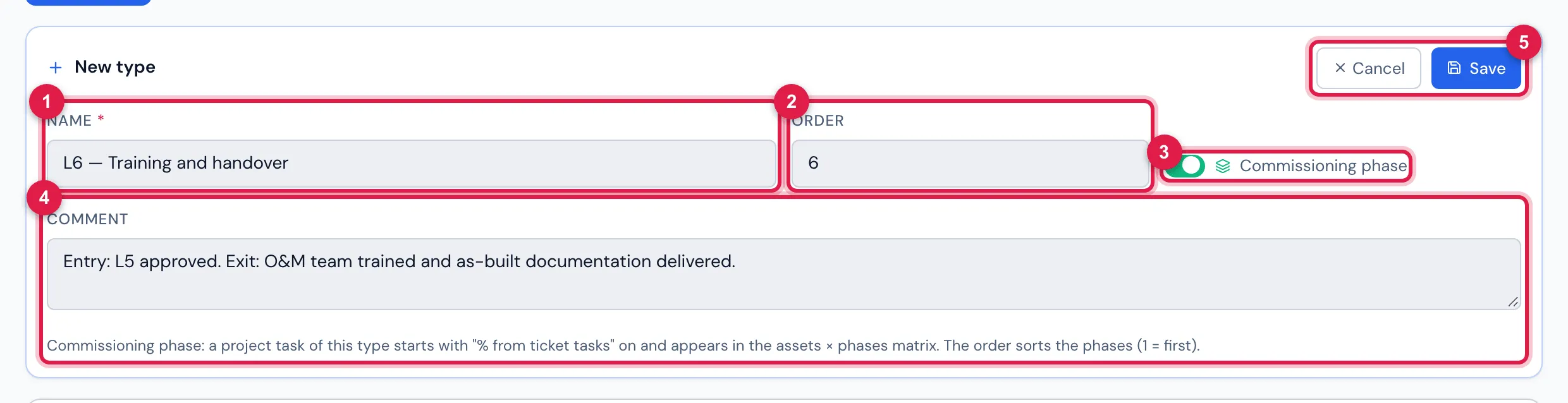 The New type form filled in with a sixth level, L6 — Training and handover, marked as Commissioning phase with order 6 (example; the form was not saved).