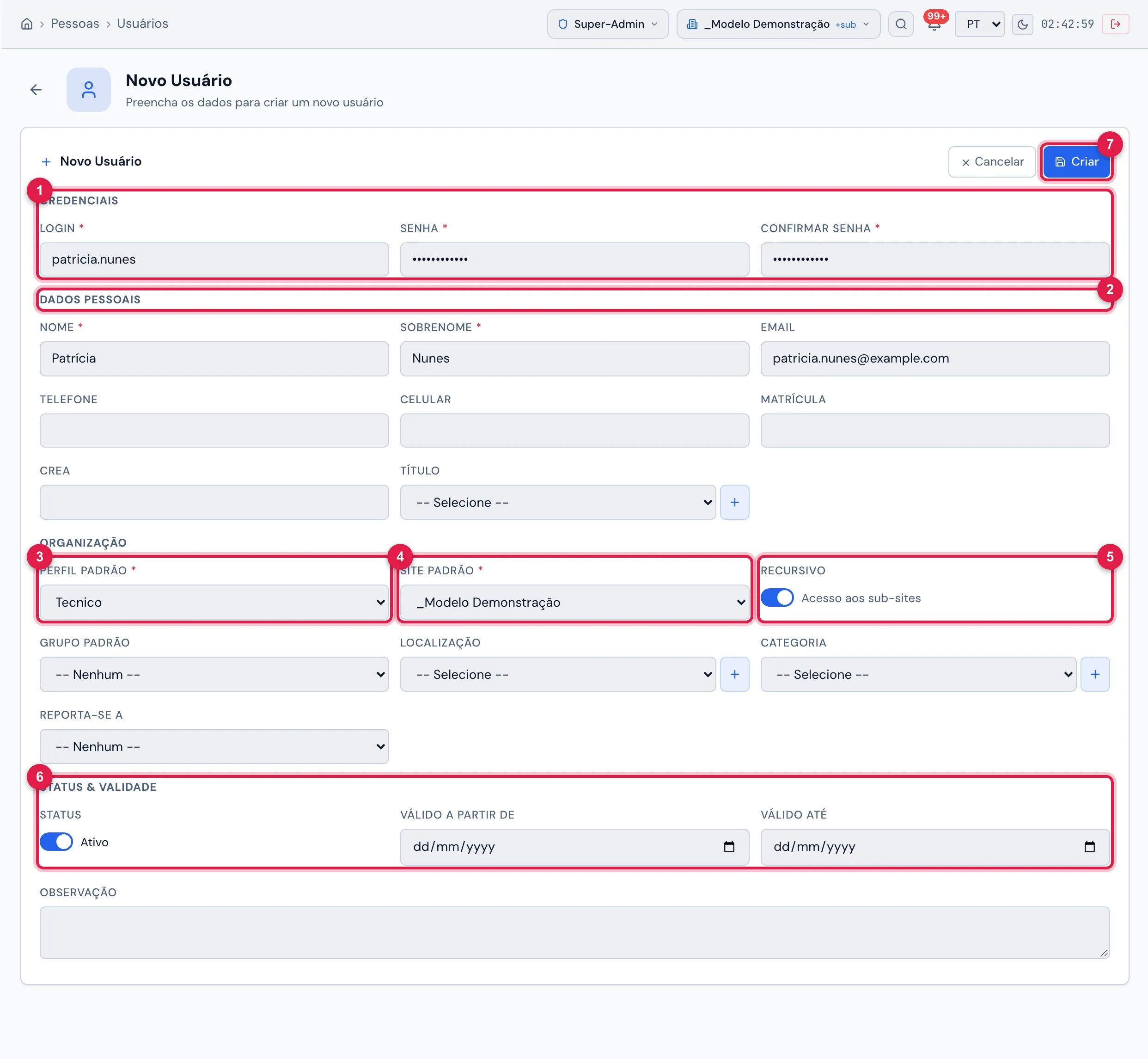 O formulário Novo Usuário preenchido (ainda sem criar): Credenciais, Dados Pessoais, Organização com Perfil Padrão, Site Padrão e Recursivo, Status & Validade e, no alto, Cancelar e Criar.