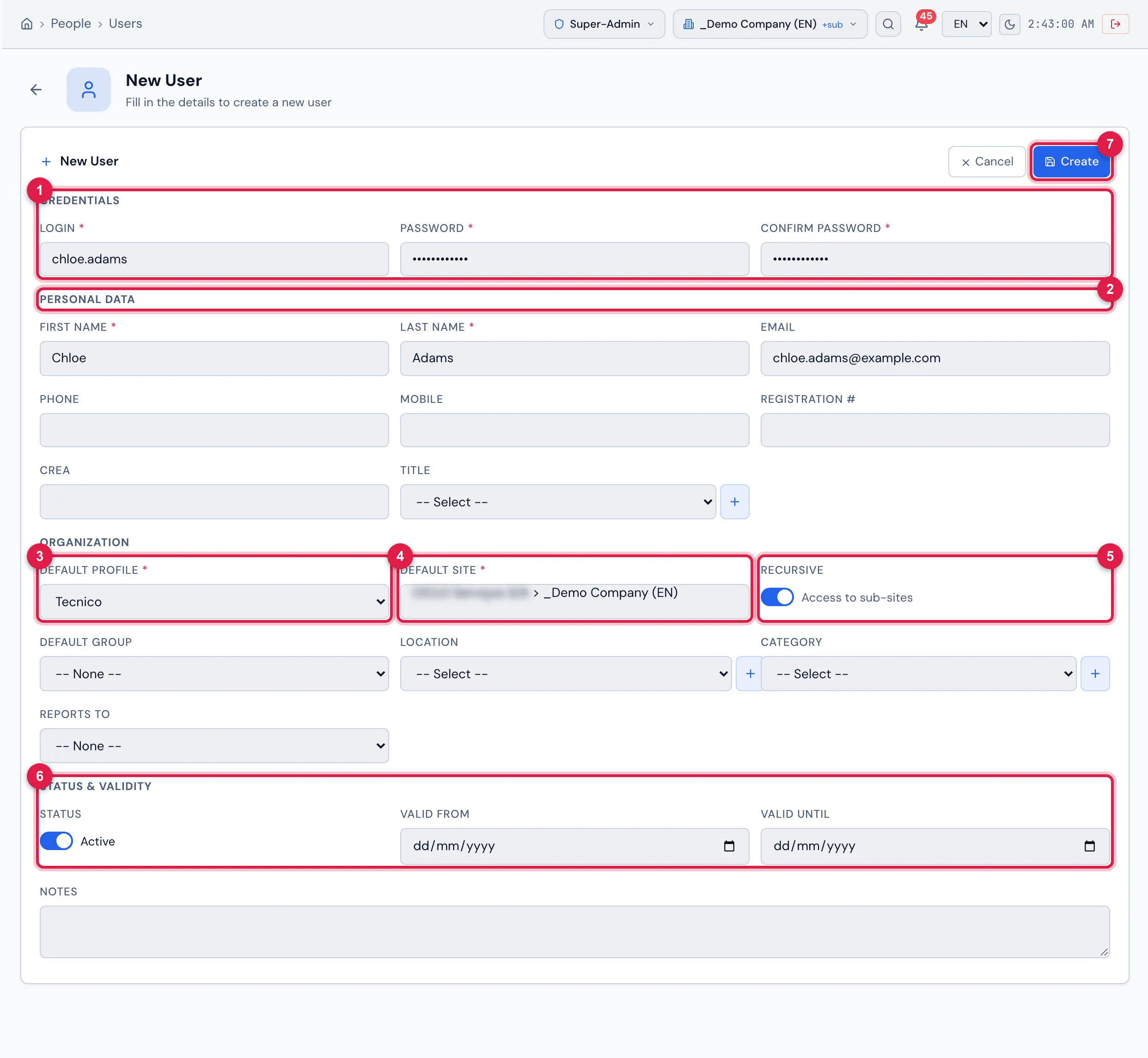 The New User form filled in (not created yet): Credentials, Personal Data, Organization with Default Profile, Default Site and Recursive, Status & Validity and, at the top, Cancel and Create.