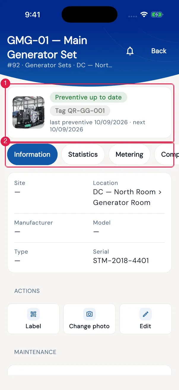 Asset panel, Information tab: status card and the record (Site, Location, Manufacturer, Model, Type, Serial).