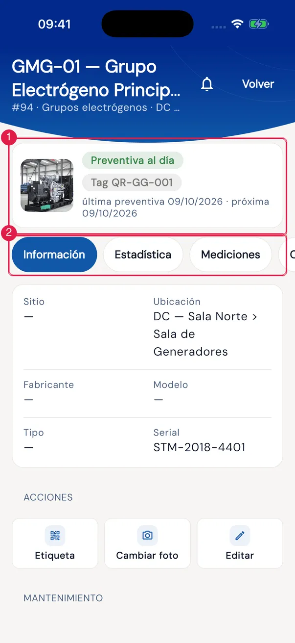 Panel del activo, pestaña Información: tarjeta de situación y la ficha (Sitio, Ubicación, Fabricante, Modelo, Tipo, Serial).