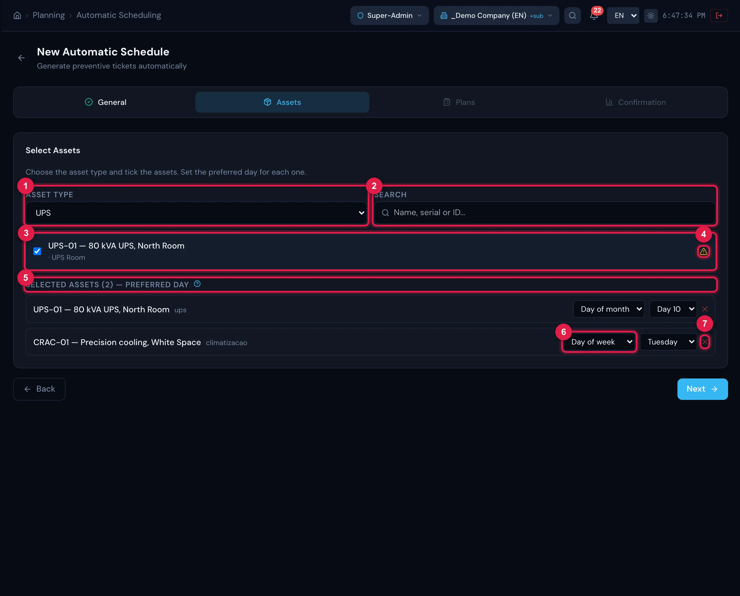 Step Assets: the chosen type, the list of assets with the search and, below, the Selected Assets with each one's Preferred Day.