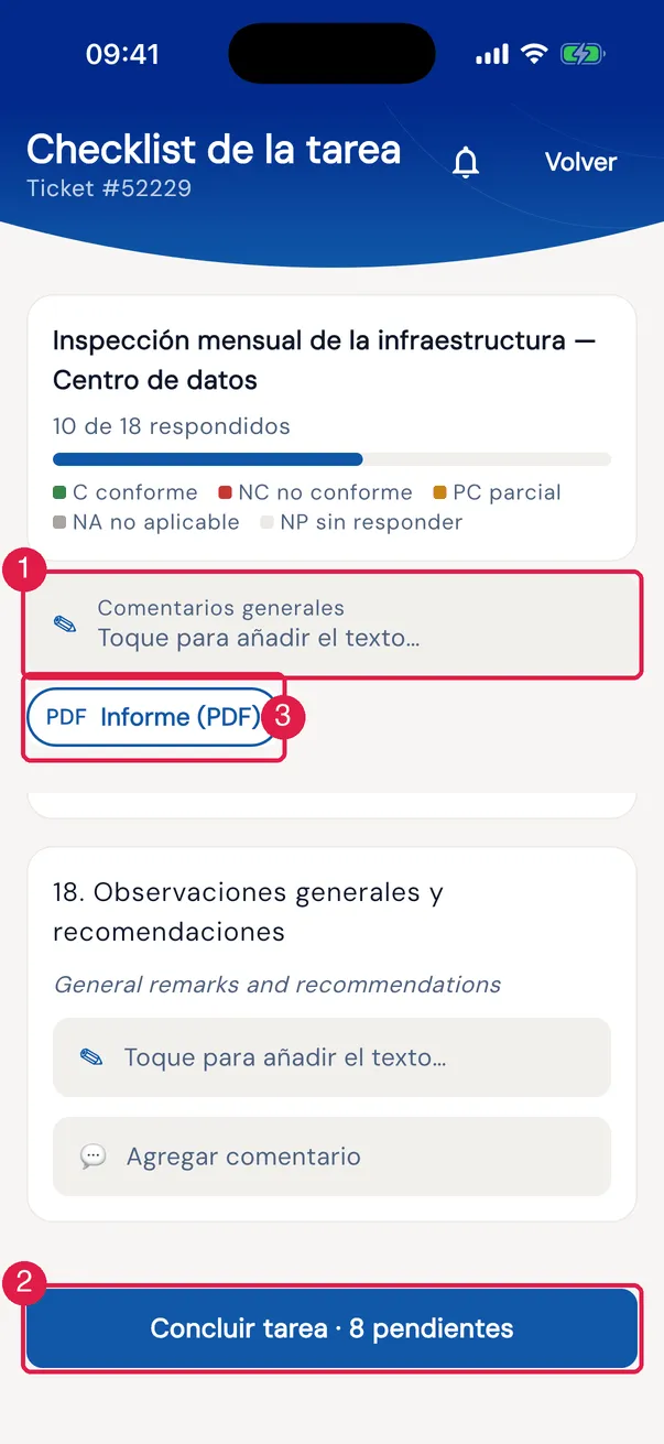 El final del checklist en la app: Concluir tarea · N pendiente(s) mientras falta algo; completo, ✓ Concluir tarea. La tarjeta de arriba, con ✎ Comentarios generales e Informe (PDF), queda siempre a la vista.