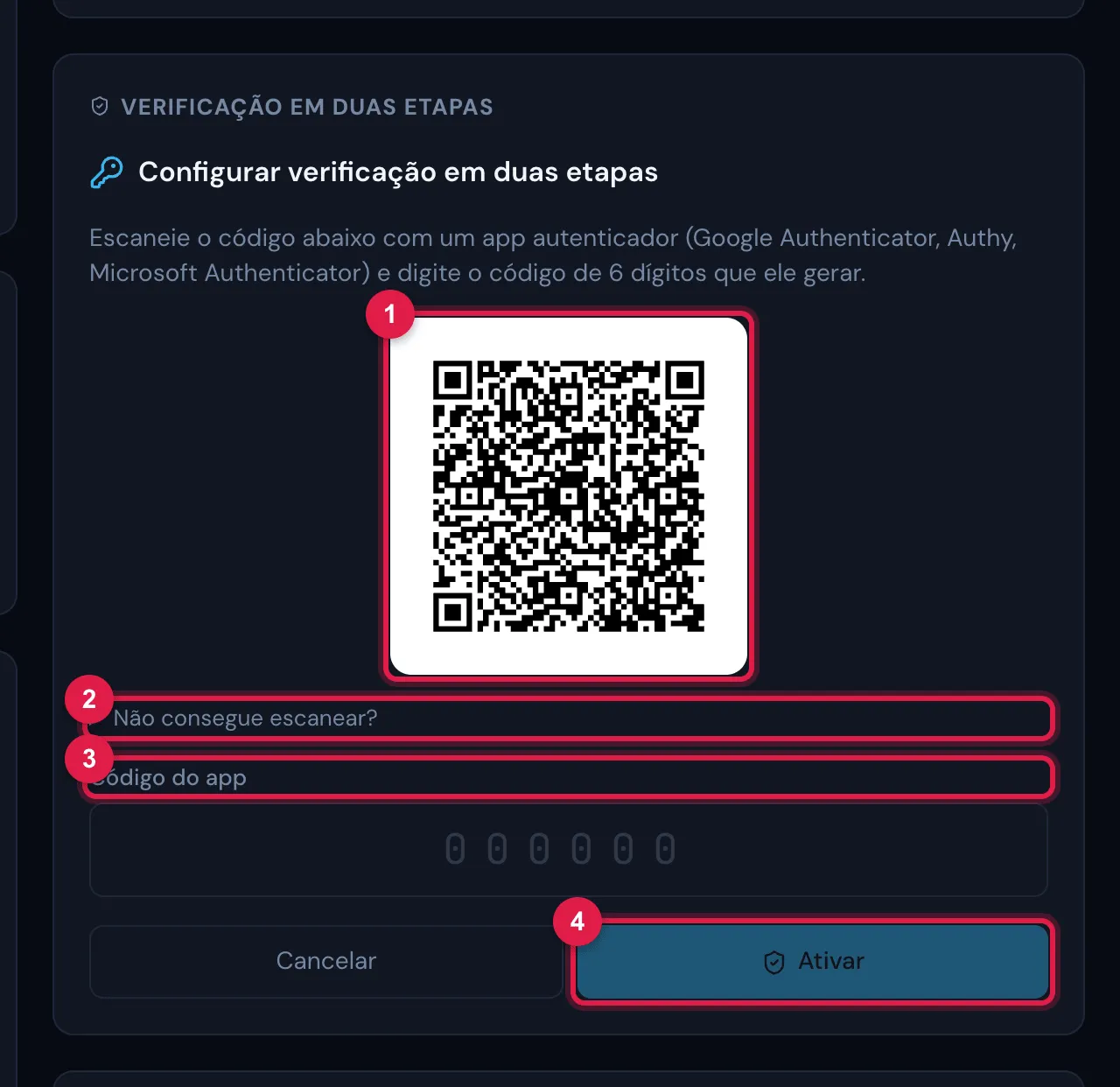 Depois de Ativar agora: o título Configurar verificação em duas etapas, a explicação, o QR code para o app autenticador, o atalho Não consegue escanear?, o campo Código do app e os botões Cancelar e Ativar.