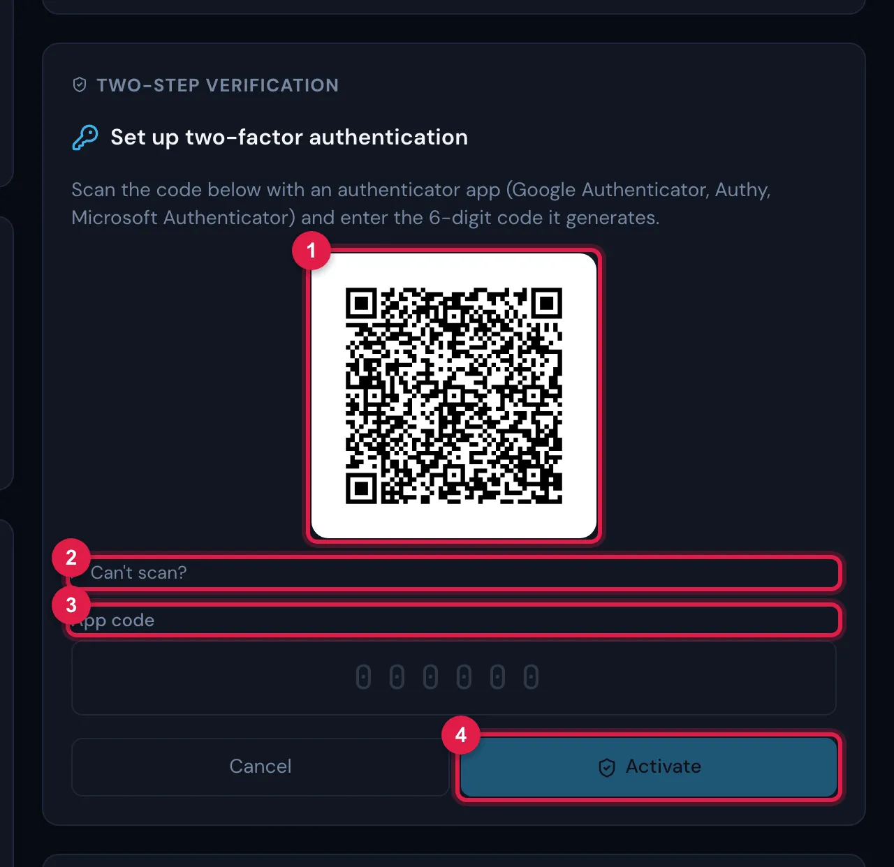 After Turn on now: the title Set up two-factor authentication, the explanation, the QR code for the authenticator app, the Can't scan? shortcut, the App code field and the Cancel and Activate buttons.