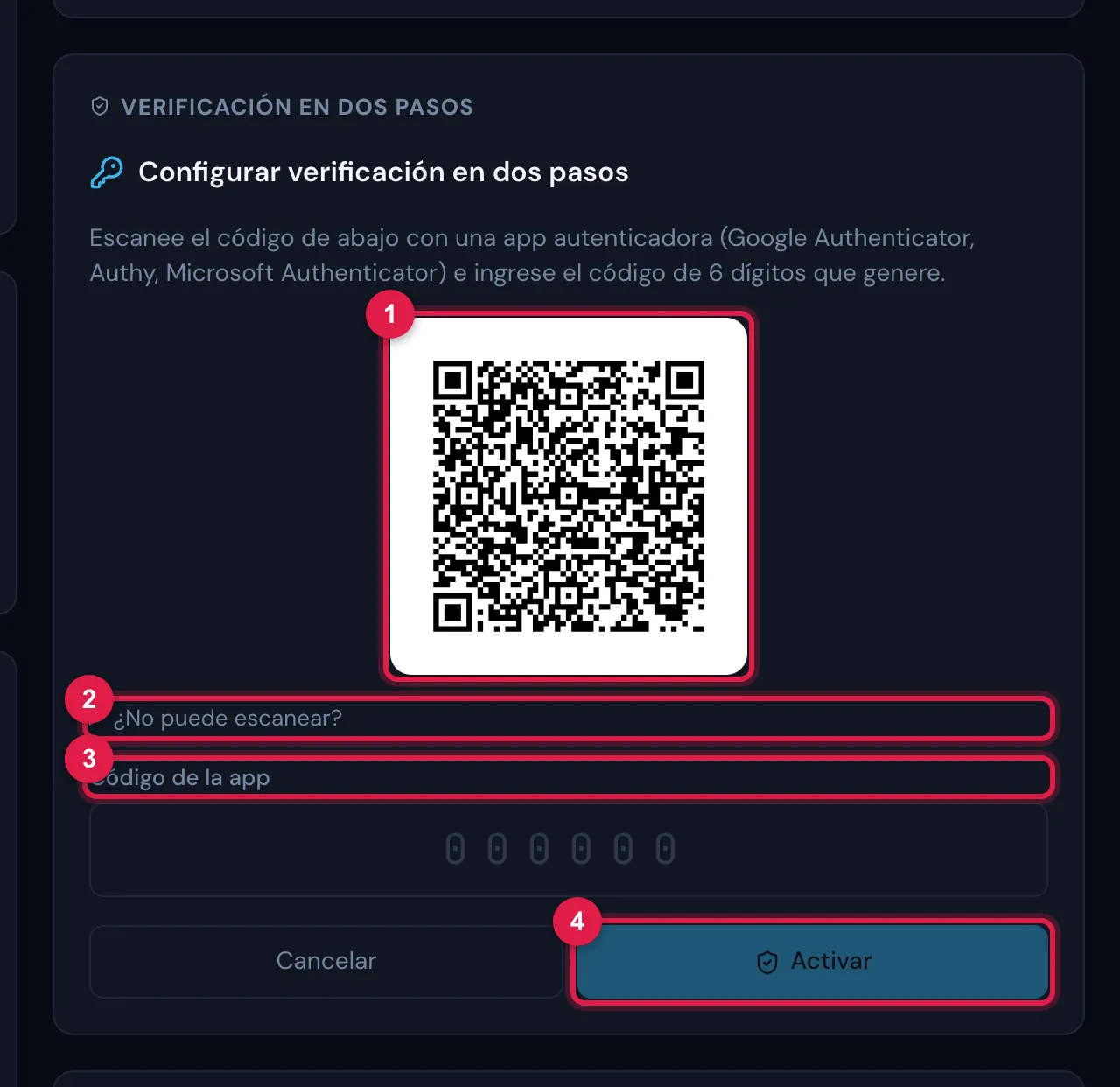 Después de Activar ahora: el título Configurar verificación en dos pasos, la explicación, el código QR para la app autenticadora, el atajo ¿No puede escanear?, el campo Código de la app y los botones Cancelar y Activar.