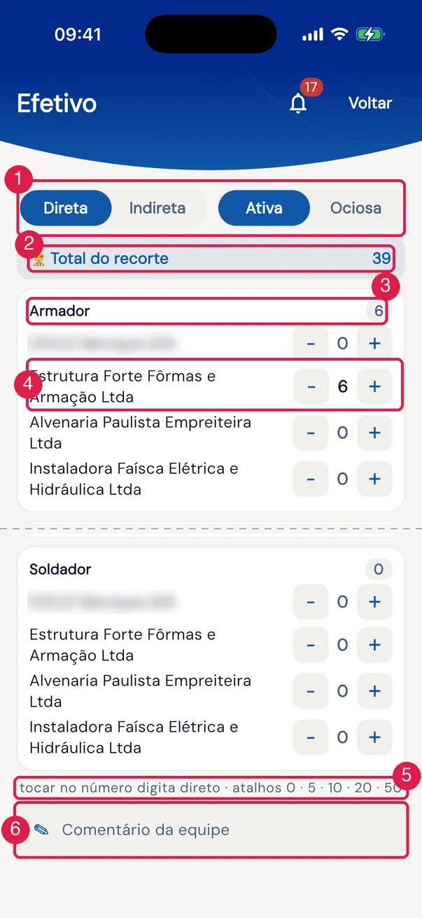 A tela do efetivo no recorte Direta × Ativa: cada função com as empresas e as quantidades.