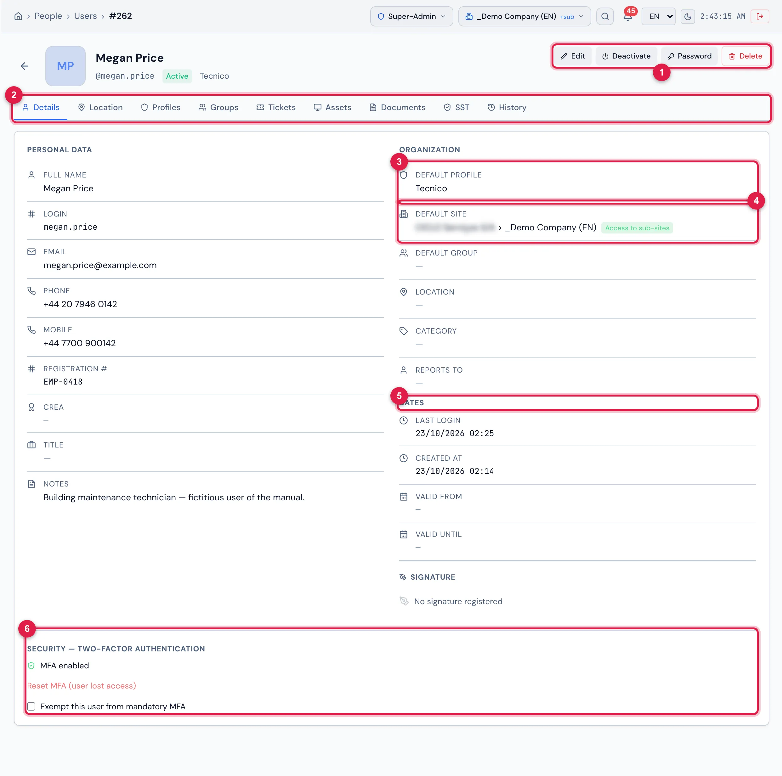 A user record, Details tab: Personal Data on the left; Organization, Dates and Signature on the right; at the end, the Security — Two-factor authentication block.