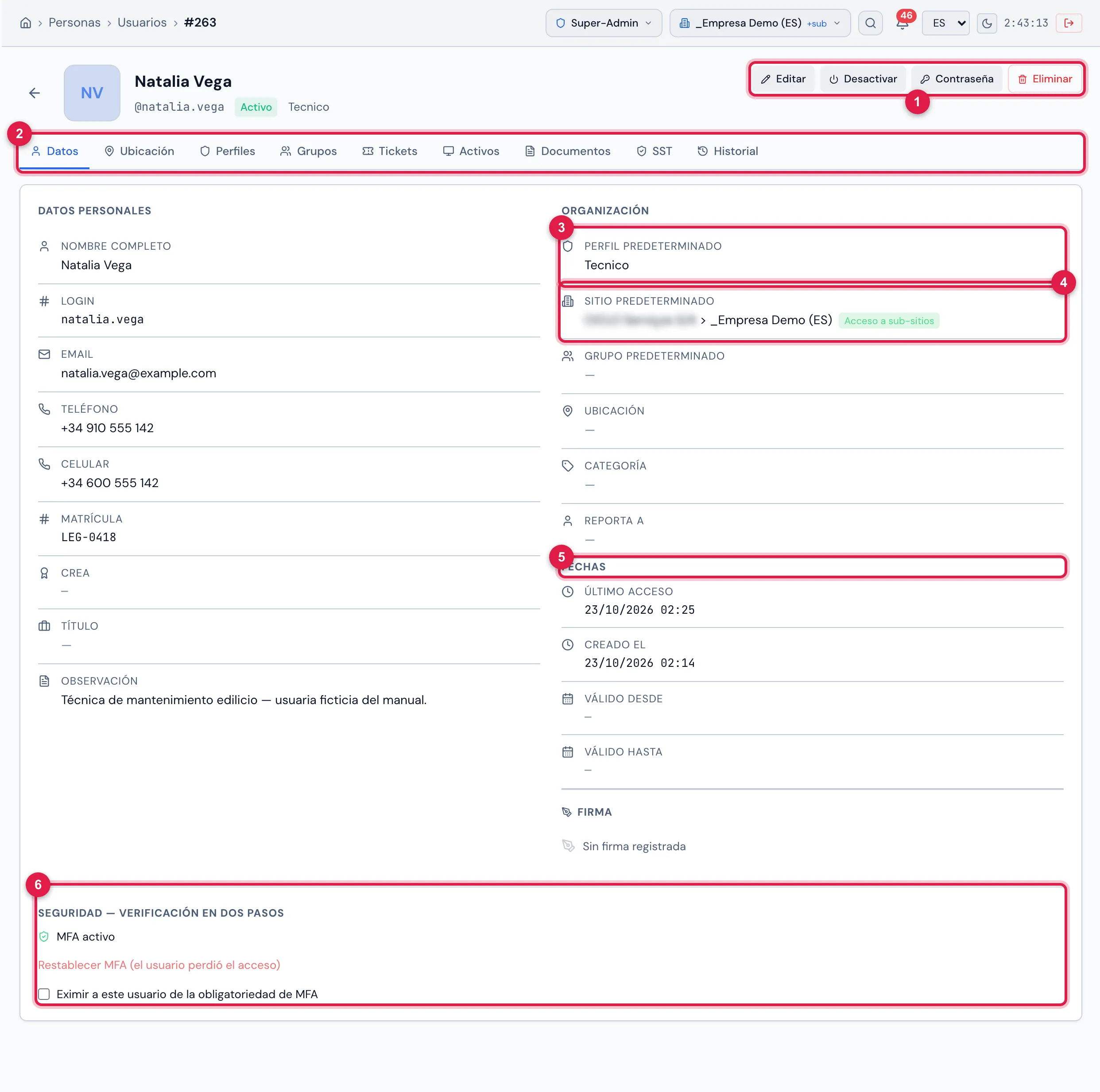 La ficha de un usuario, pestaña Datos: Datos Personales a la izquierda; Organización, Fechas y Firma a la derecha; al final, el bloque Seguridad — Verificación en dos pasos.