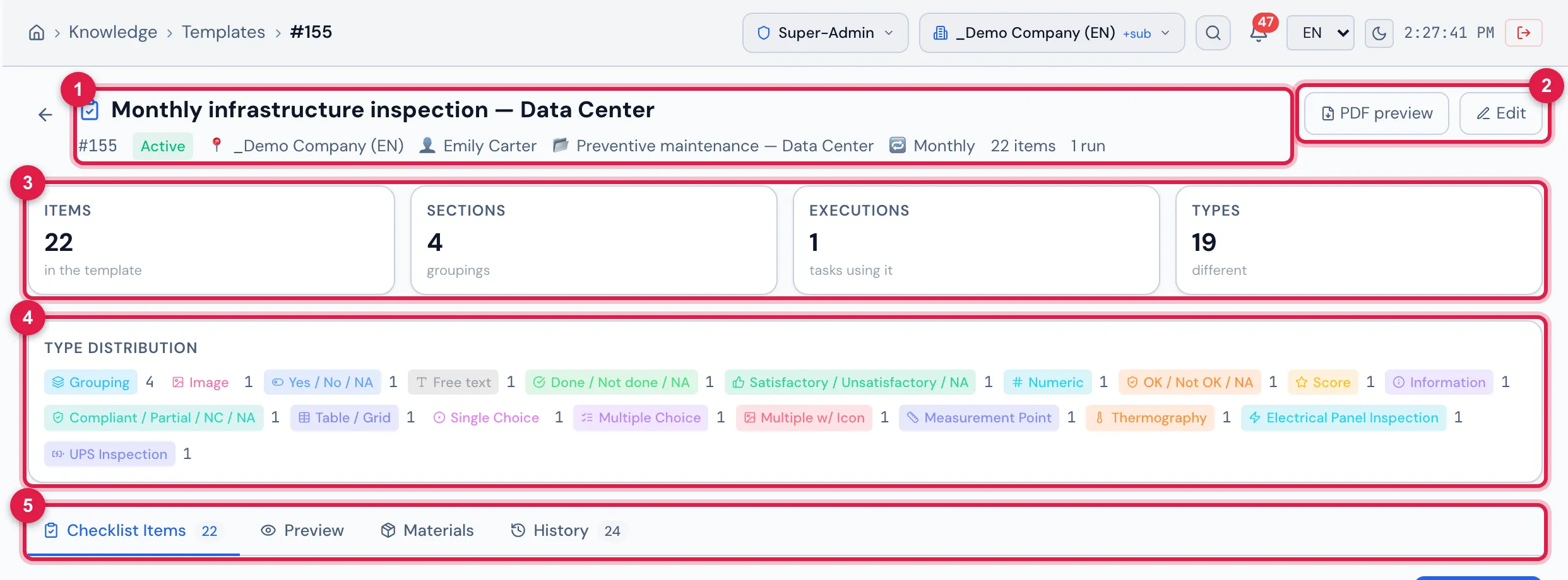 The record of Monthly infrastructure inspection — Data Center: the header with the number, the state, the site, the technician, the category, the periodicity, the items and the executions; the cards, the Type Distribution and the tabs.