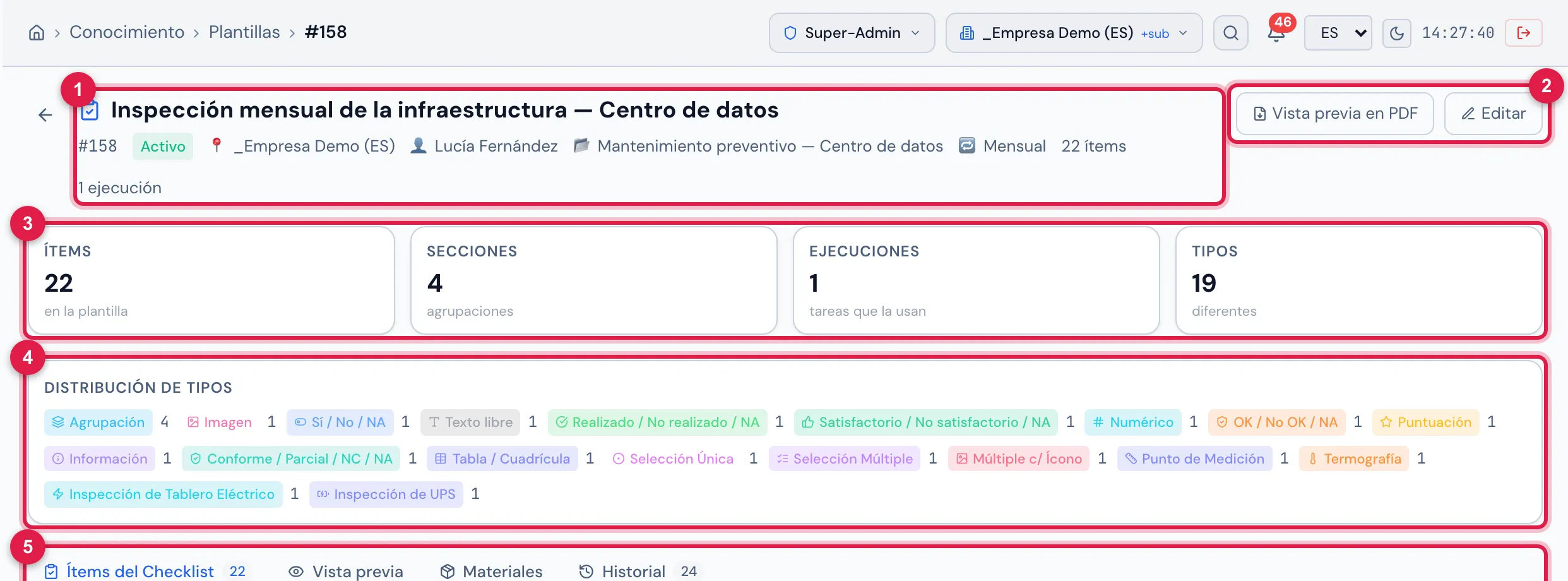La ficha de Inspección mensual de la infraestructura — Centro de datos: el encabezado con el número, el estado, el sitio, el técnico, la categoría, la periodicidad, los ítems y las ejecuciones; las tarjetas, la Distribución de Tipos y las pestañas.