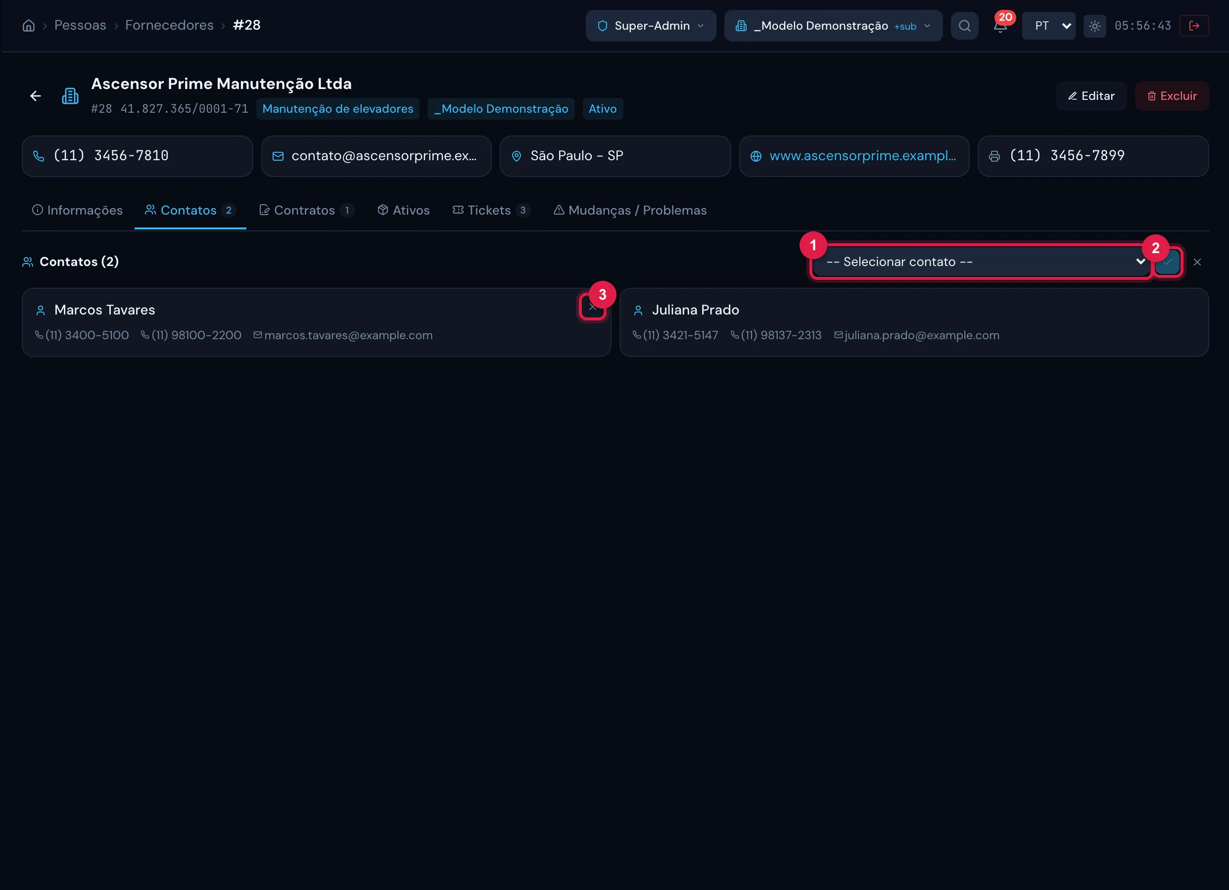 Aba Contatos com dois contatos vinculados e o seletor de Vincular Contato à mostra.
