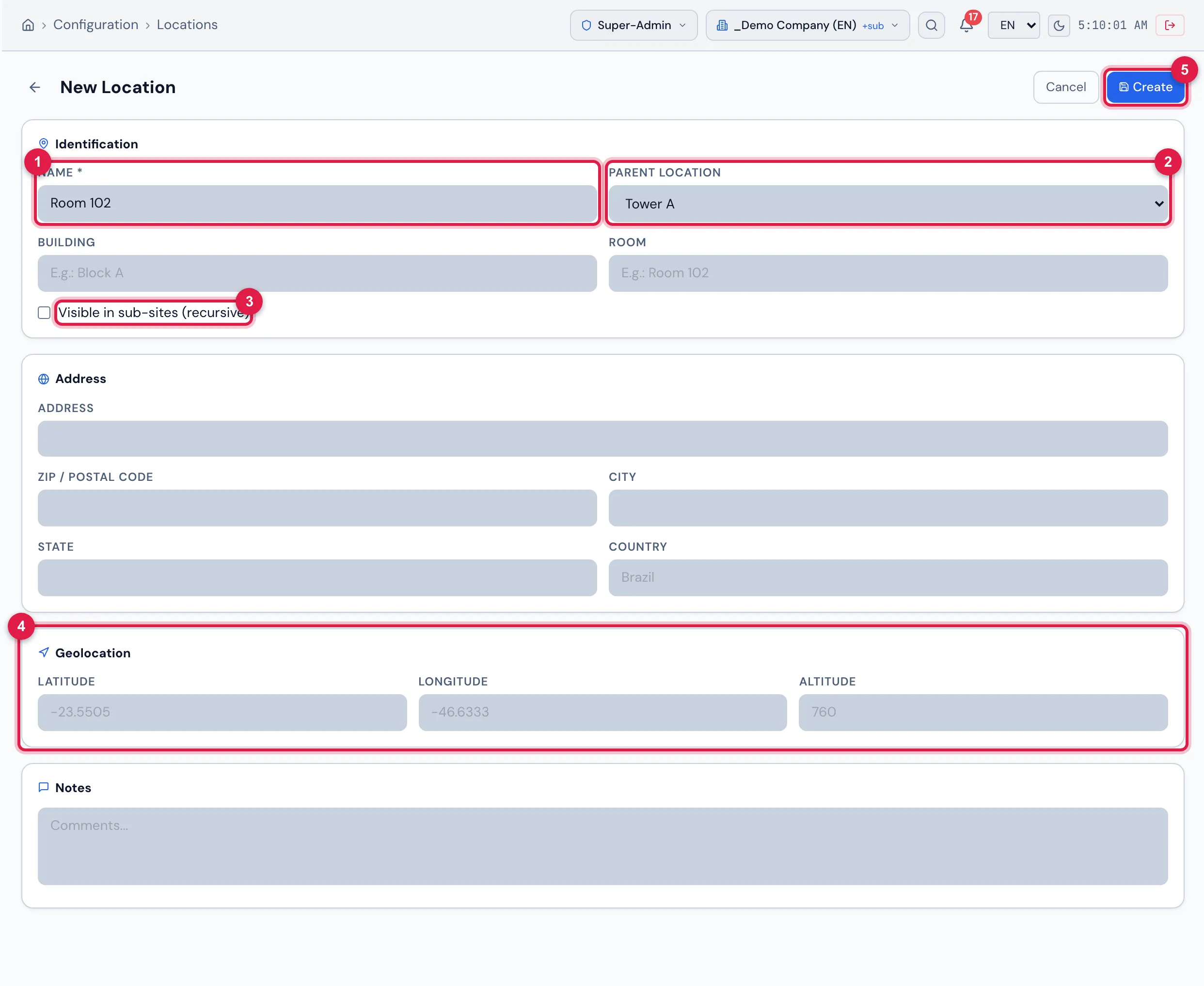 New Location page: in Identification, Name, Parent location, Building, Room and the Visible in sub-sites (recursive) box; below, Address (Address, ZIP / Postal code, City, State, Country), Geolocation (Latitude, Longitude, Altitude) and Notes; at the top, Cancel and Create.