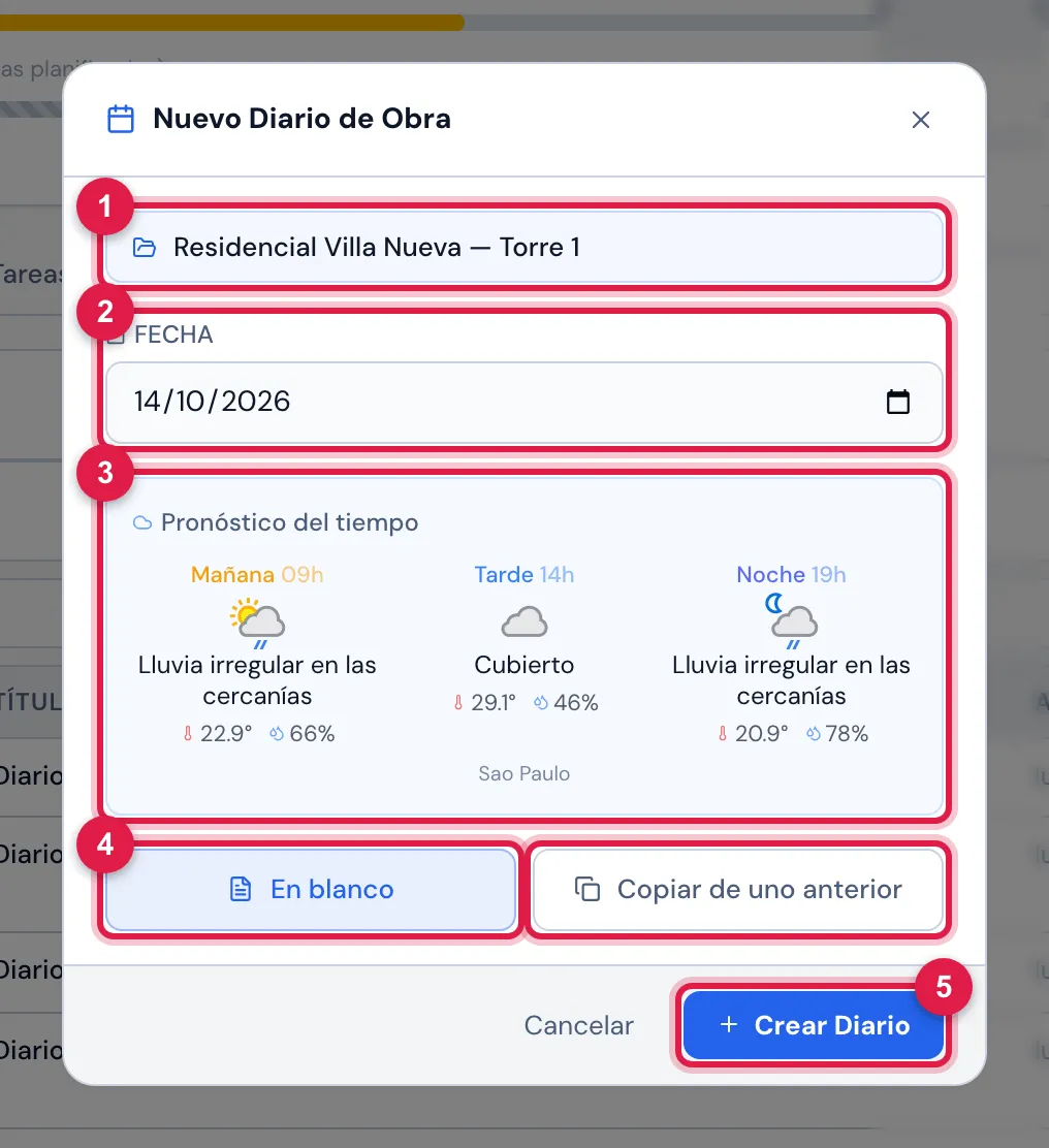 El diálogo Nuevo Diario de Obra abierto desde la pestaña Diarios del Residencial Villa Nueva — Torre 1: la fecha de hoy, el pronóstico del tiempo para la obra y el modo En blanco.
