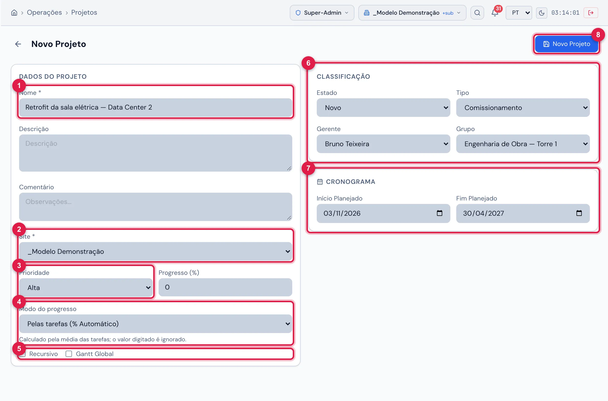 Novo Projeto: Dados do Projeto à esquerda; Classificação e Cronograma à direita; o botão Novo Projeto grava.