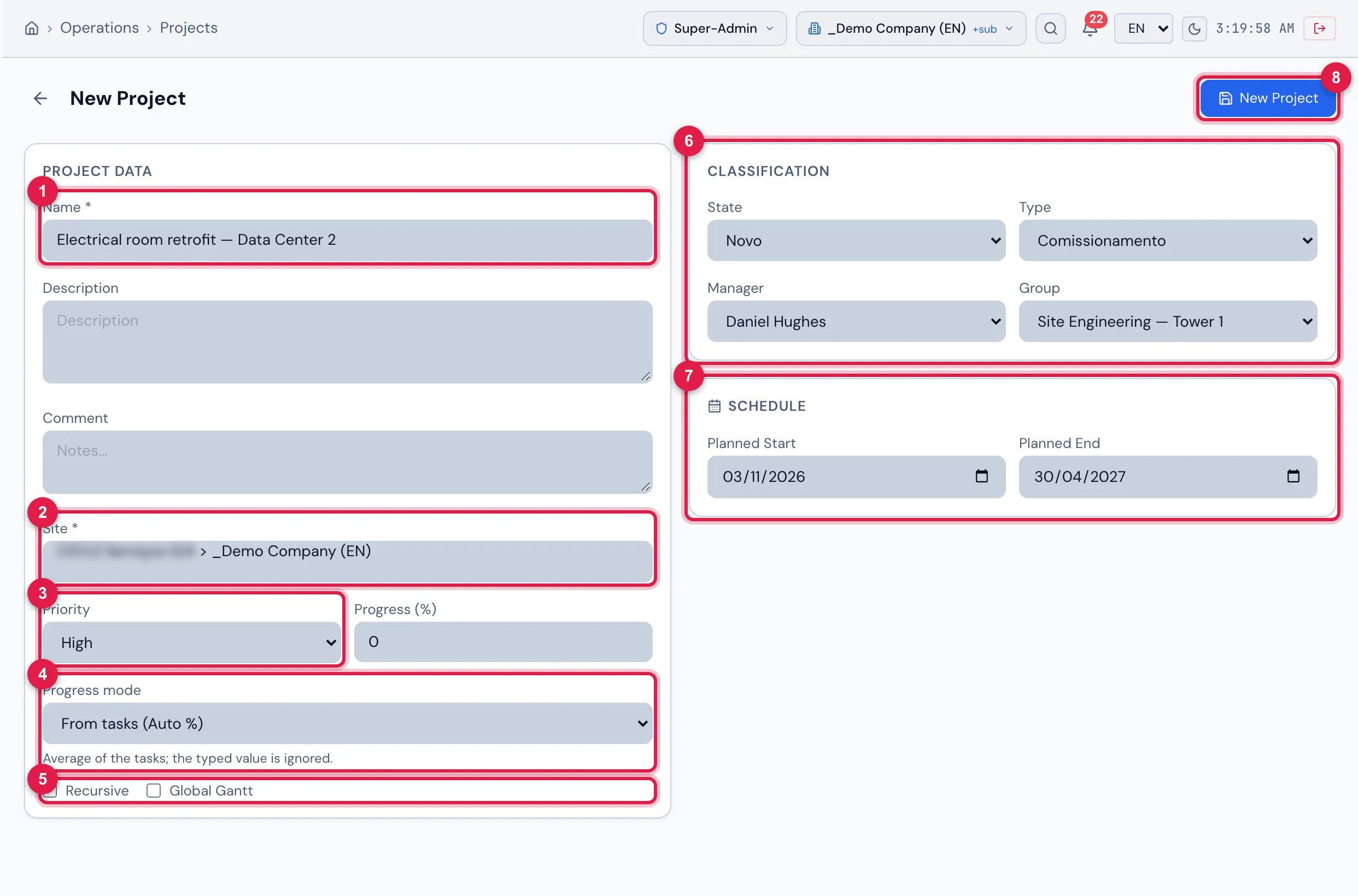 New Project: Project Data on the left; Classification and Schedule on the right; the New Project button saves.