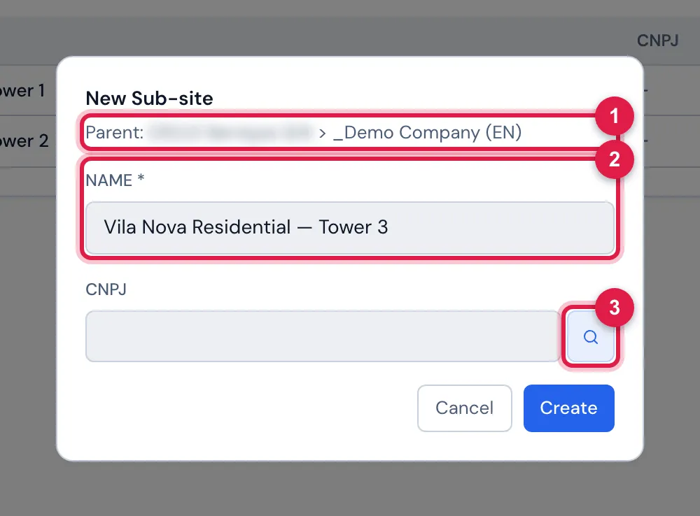 New Sub-site window open on the Sub-sites tab of the record: the Parent already set (the full name of the record's site), the Name and CNPJ fields and the Cancel and Create buttons.