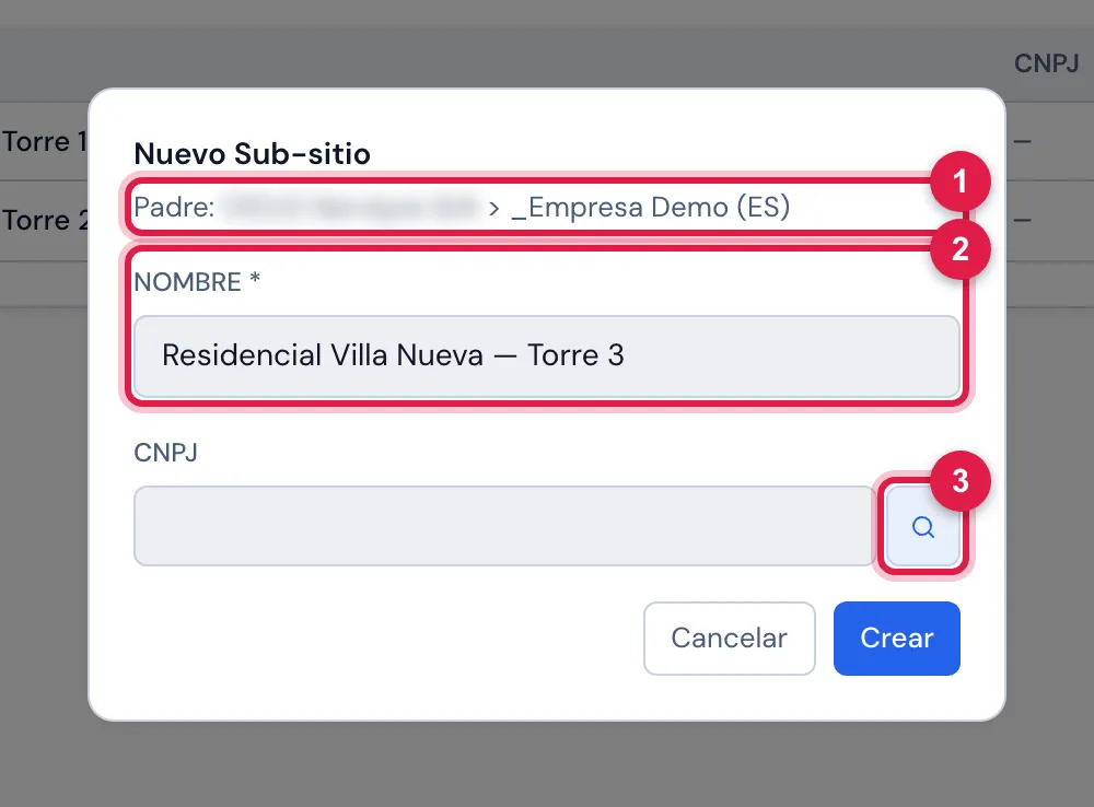 Ventana Nuevo Sub-sitio abierta en la pestaña Sub-sitios de la ficha: el Padre ya definido (el nombre completo del sitio de la ficha), los campos Nombre y CNPJ y los botones Cancelar y Crear.