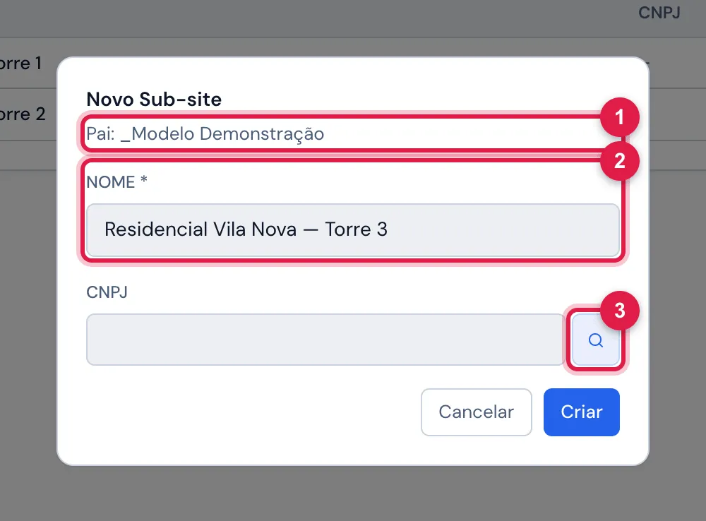 Janela Novo Sub-site aberta na aba Sub-sites da ficha: o Pai já definido (o nome completo do site da ficha), os campos Nome e CNPJ e os botões Cancelar e Criar.