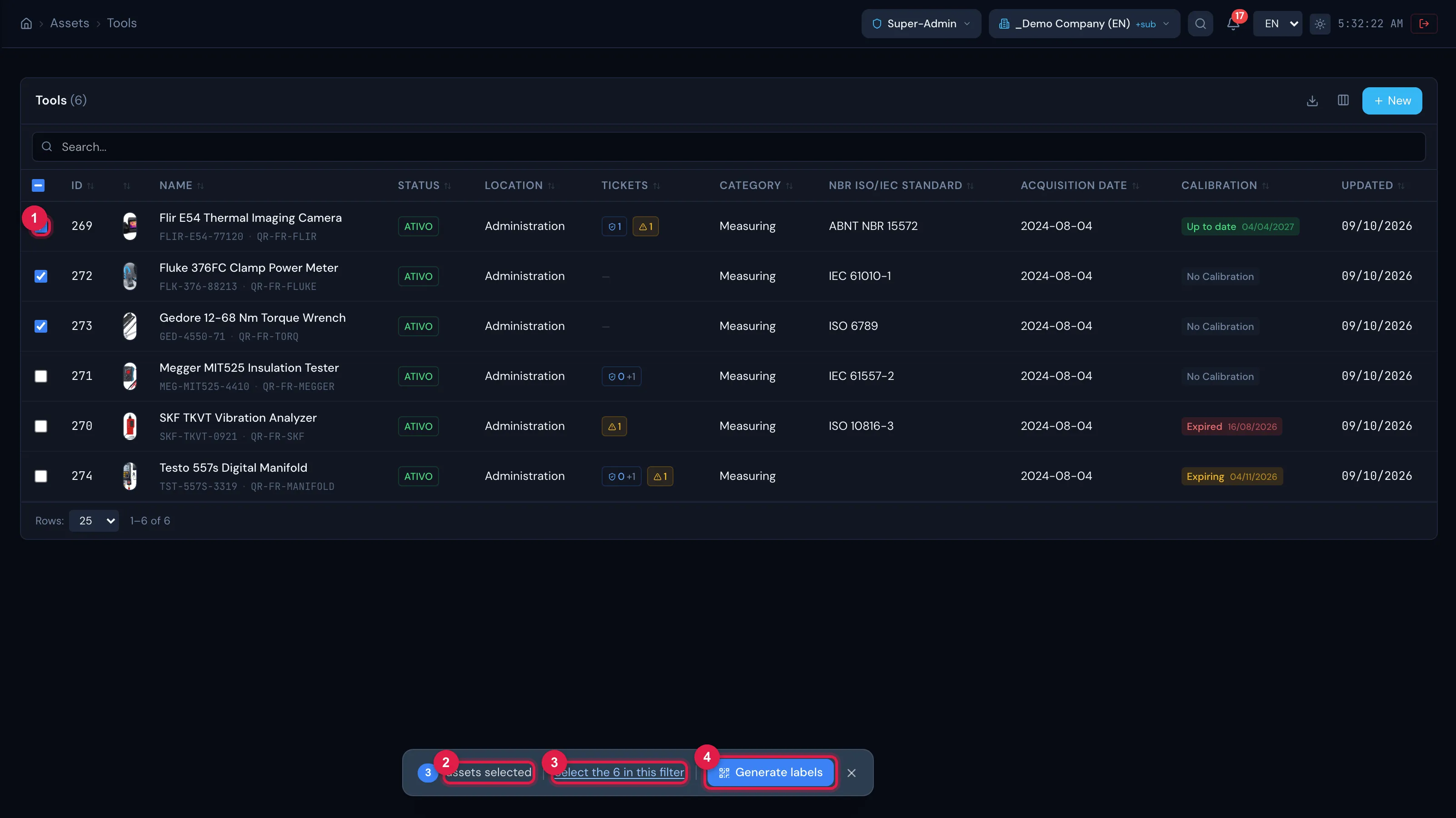 Assets ticked in the list and the selection bar: count, Select the N in this filter and Generate labels.