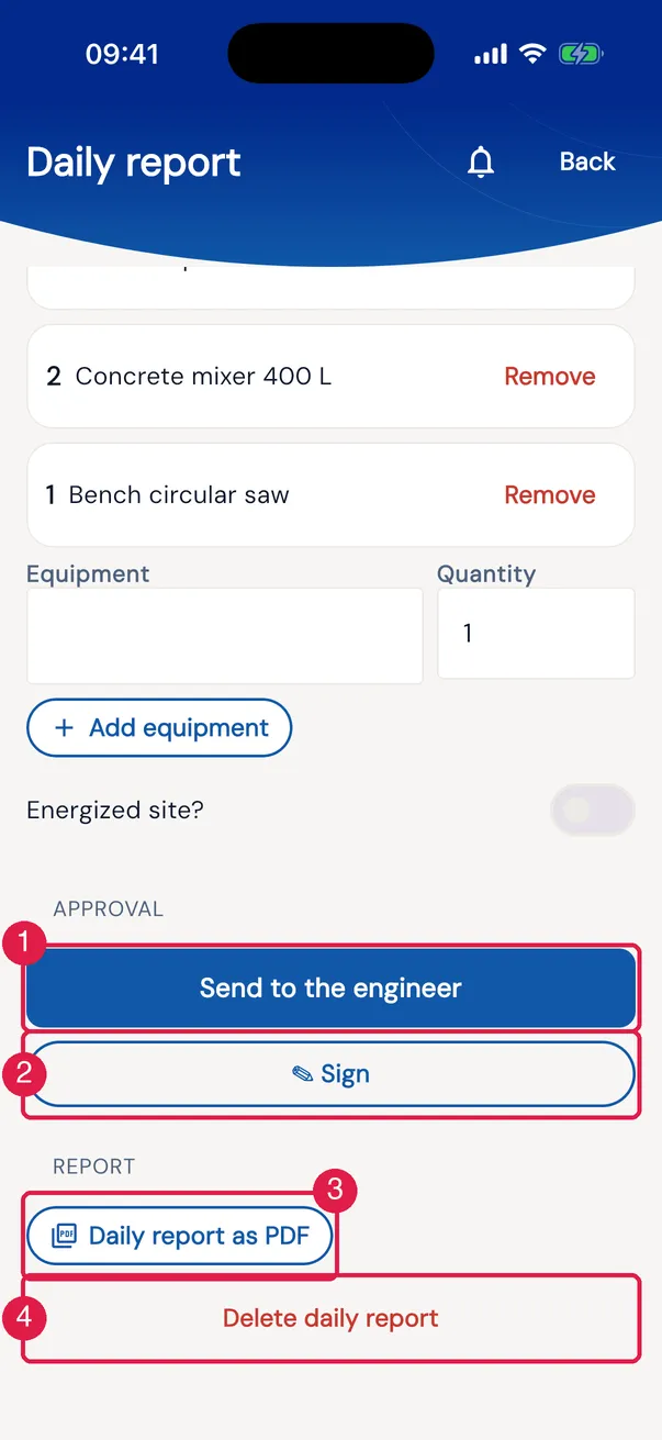 The end of the daily report in the app: the Approval block, the Report and Delete daily report.