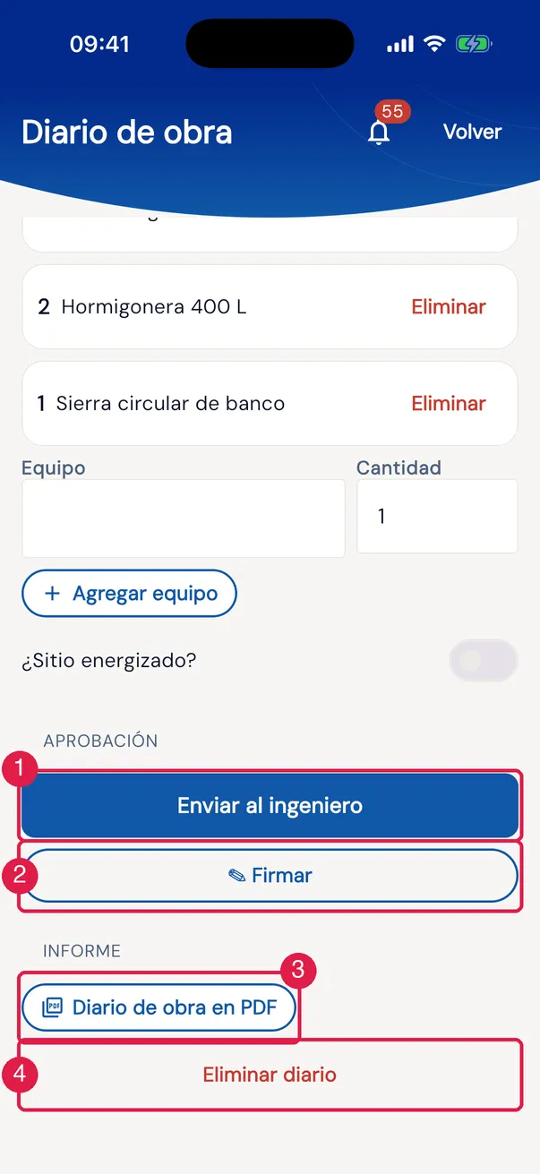 El final del diario en la app: el bloque Aprobación, el Informe y Eliminar diario.