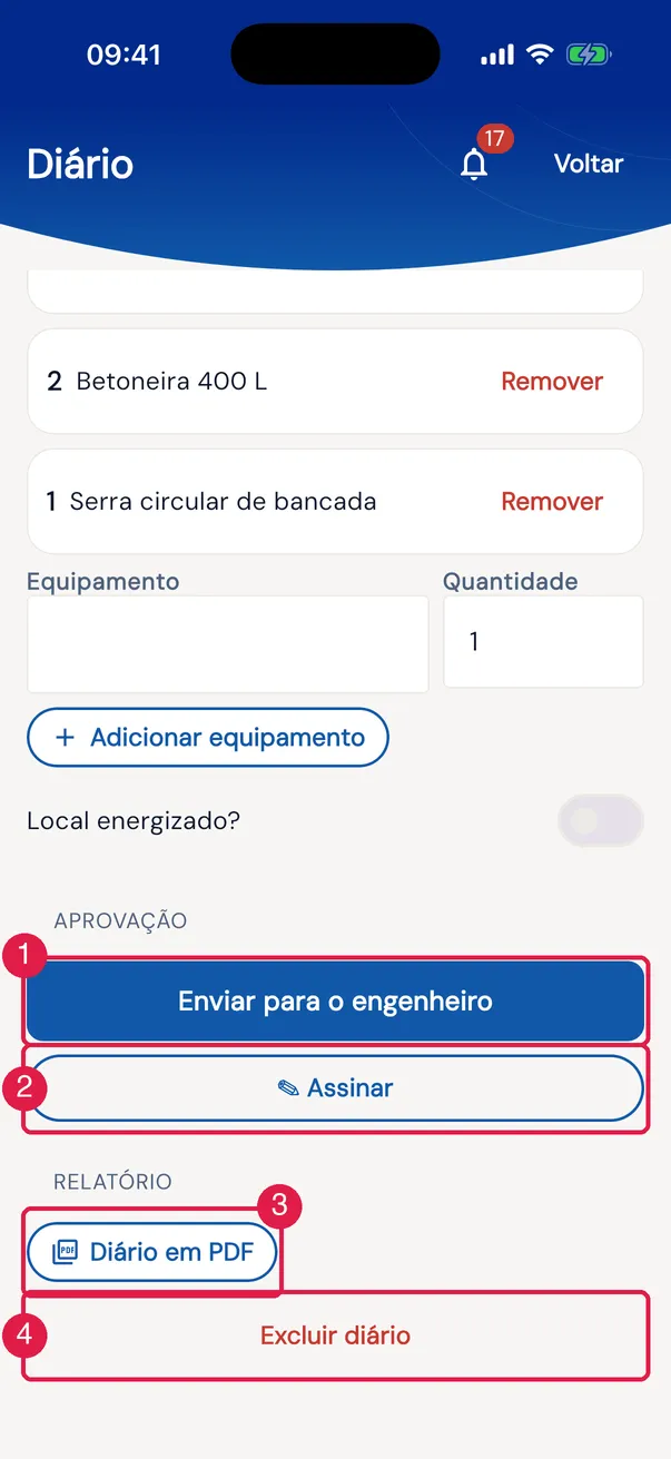 O fim do diário no app: o bloco Aprovação, o Relatório e Excluir diário.